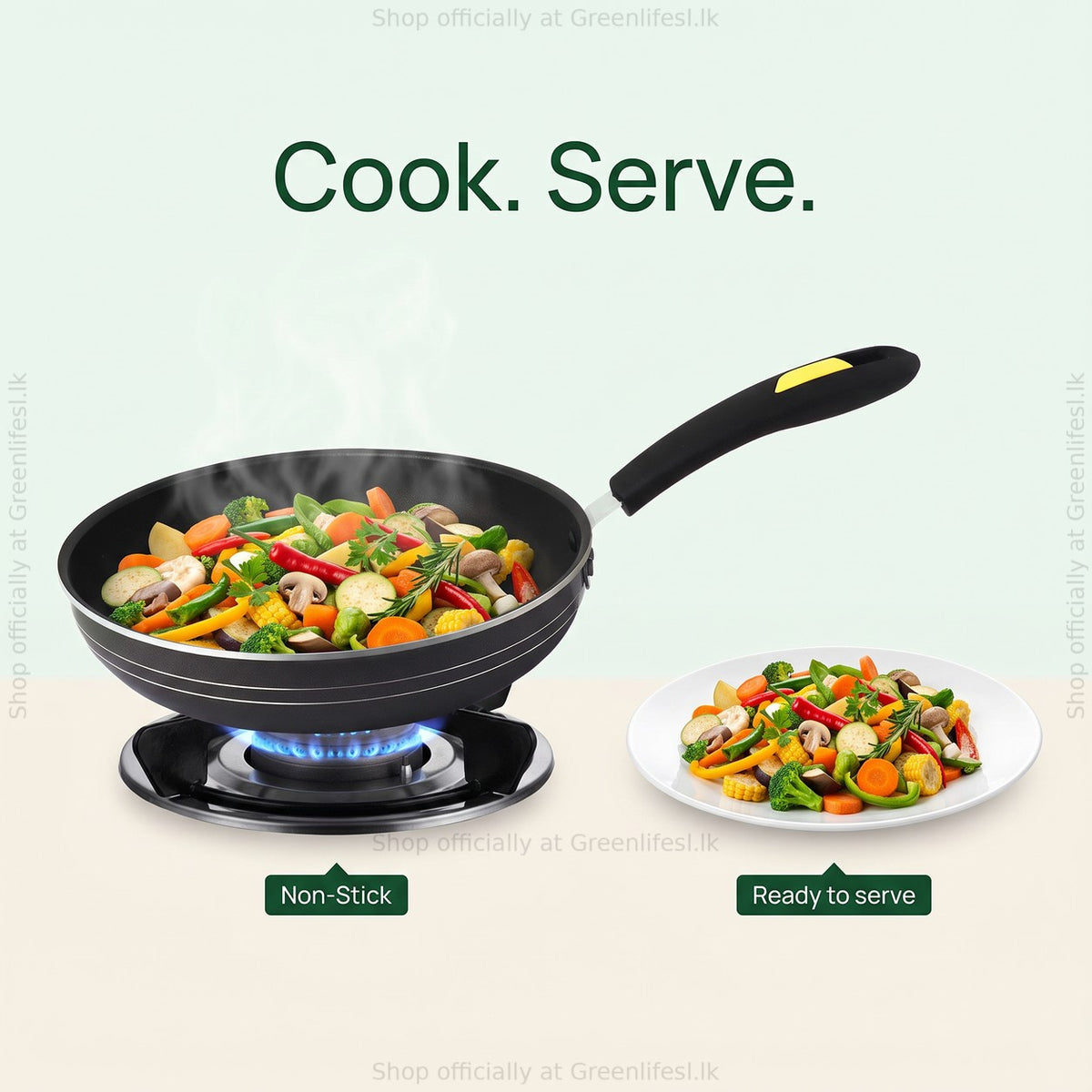 GreenChef Evok 280mm non-stick fry pan cooking vegetables on gas, then served on a plate