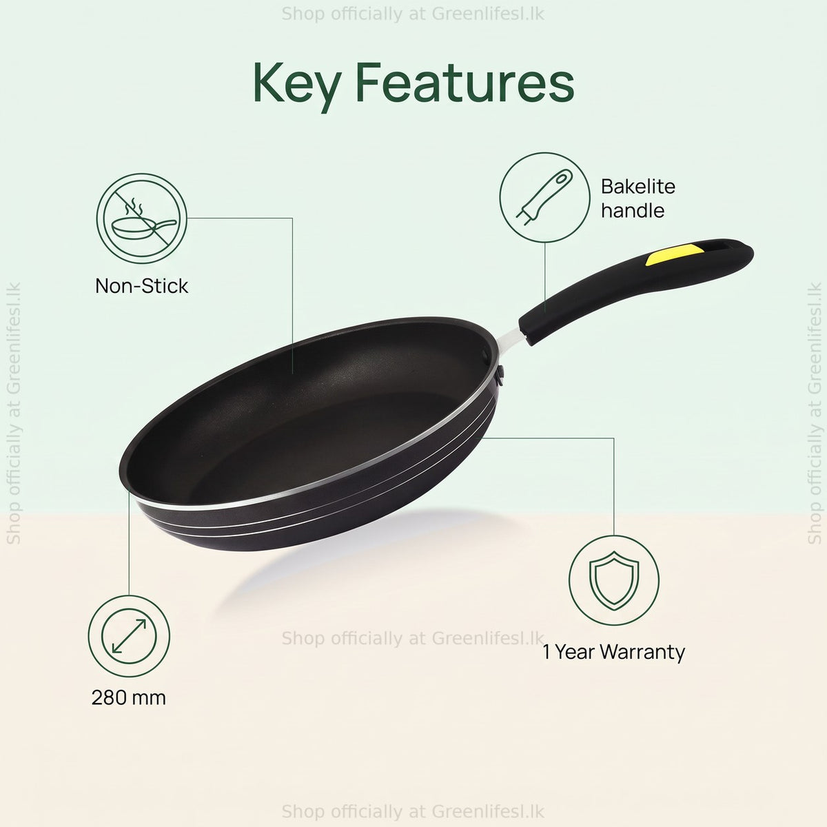 GreenChef Evok 280mm non-stick fry pan features: non-stick, Bakelite handle, 280 mm, 1 year warranty