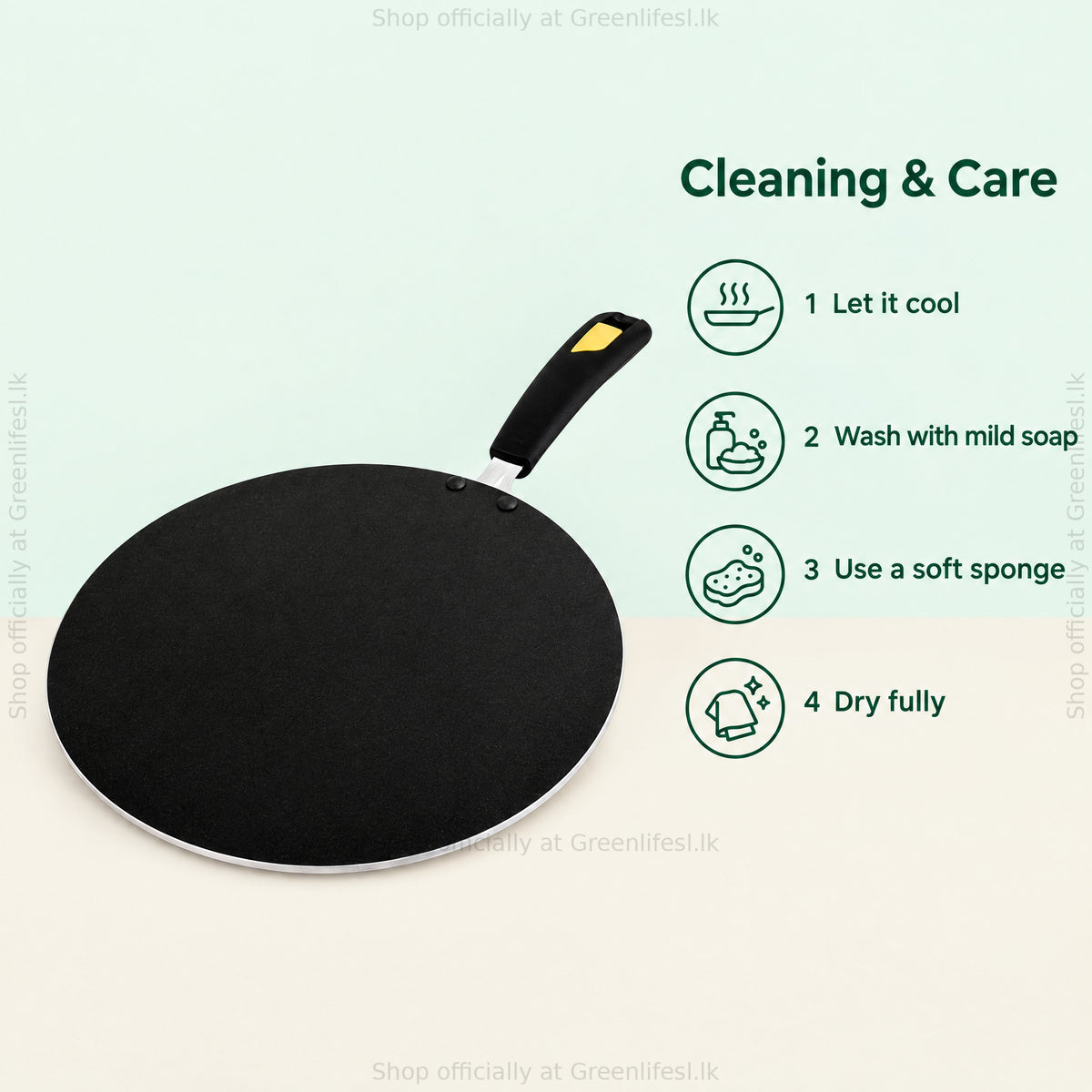 GreenChef Evok 280mm non-stick multipurpose tawa care: let it cool, mild soap, soft sponge, dry fully