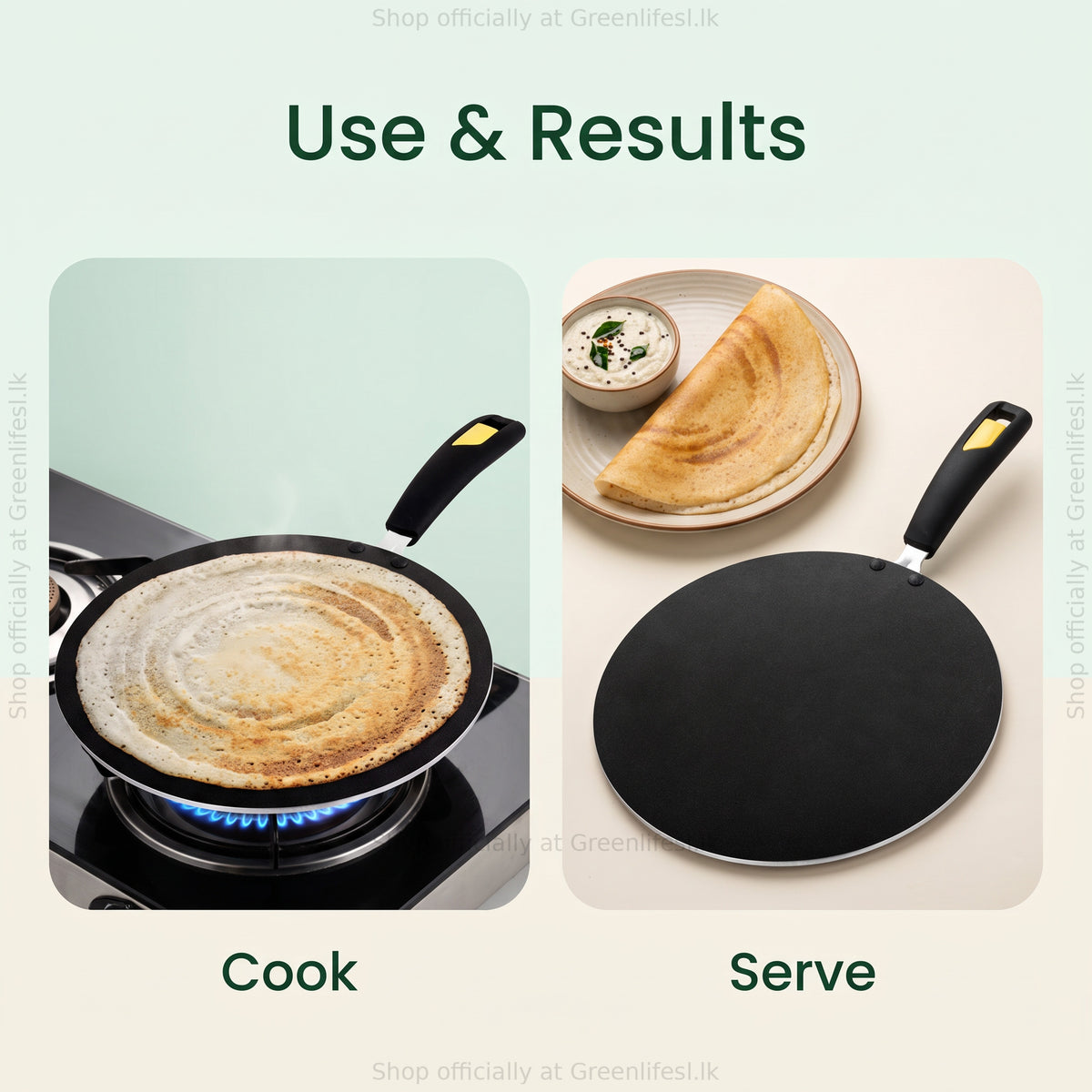 GreenChef Evok 280mm non-stick multipurpose tawa cooking a dosa on gas, then served with chutney