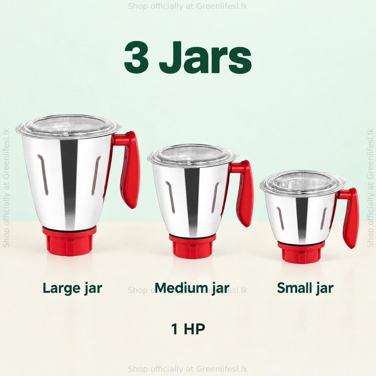 GreenChef Flen 1HP mixer grinder 3 jars: large, medium and small stainless steel jars
