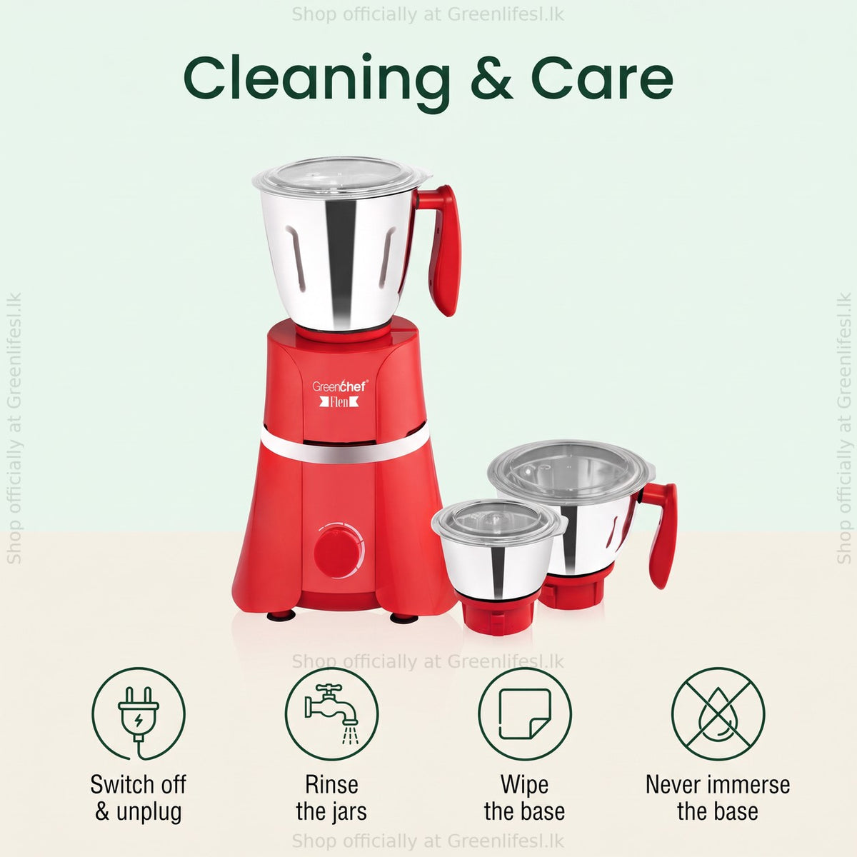 GreenChef Flen 1HP mixer grinder care: switch off and unplug, rinse jars, wipe the base, never immerse it
