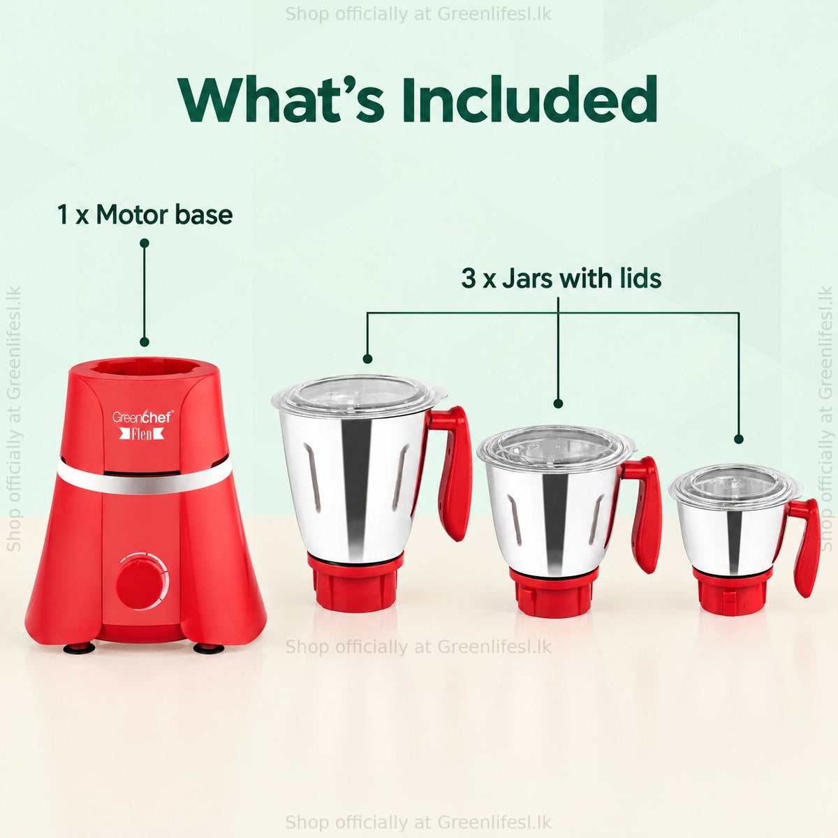 GreenChef Flen 1HP mixer grinder, what's included: motor base and 3 jars with lids