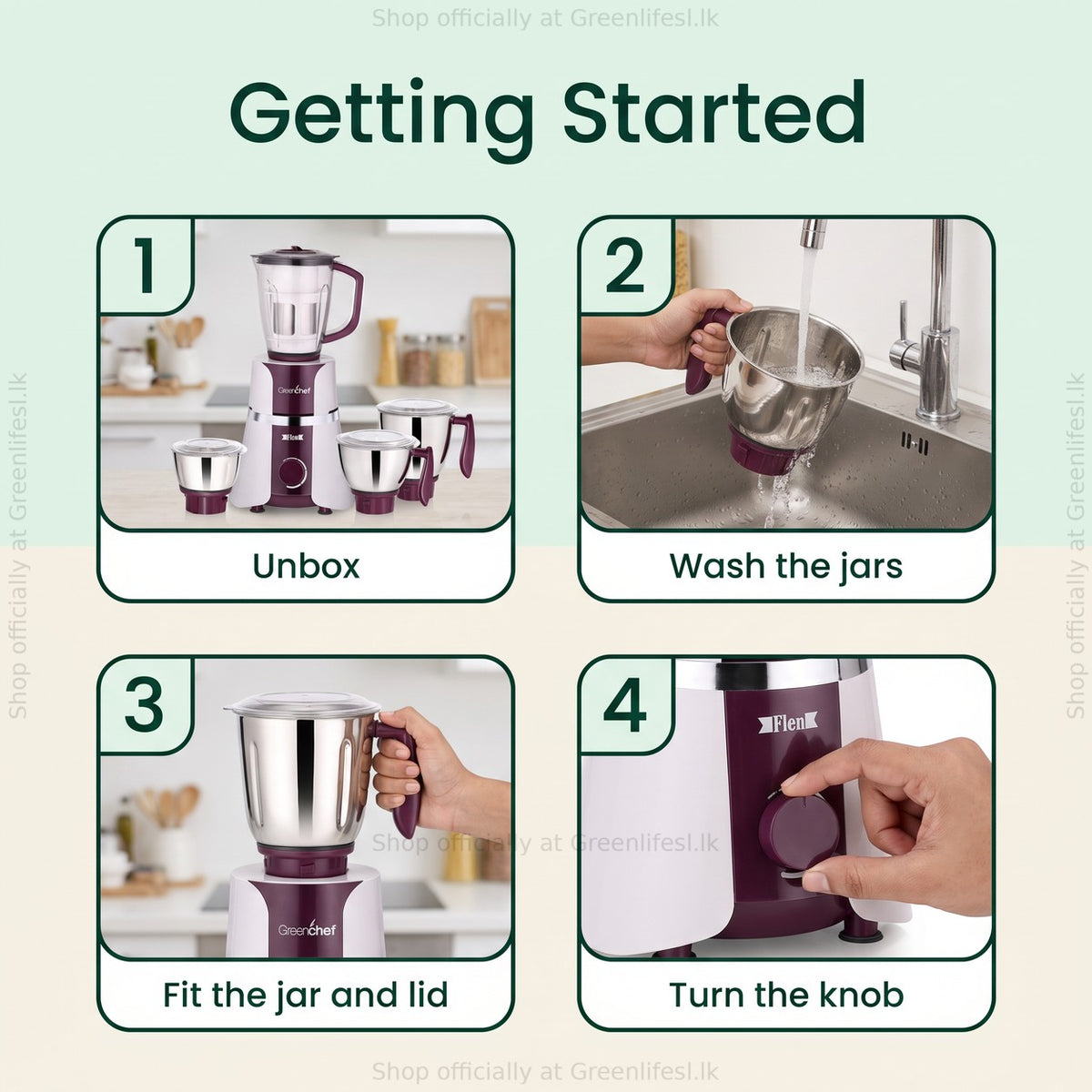 GreenChef Flen Plus 1HP mixer grinder getting started: unbox, wash the jars, fit jar and lid, turn the knob