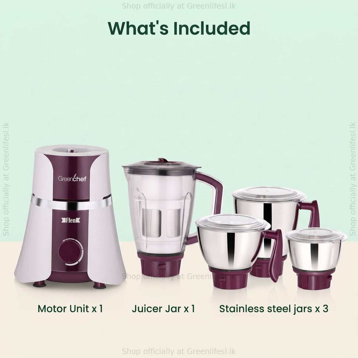 GreenChef Flen Plus 1HP mixer grinder, what's included: motor unit, juicer jar and 3 stainless steel jars