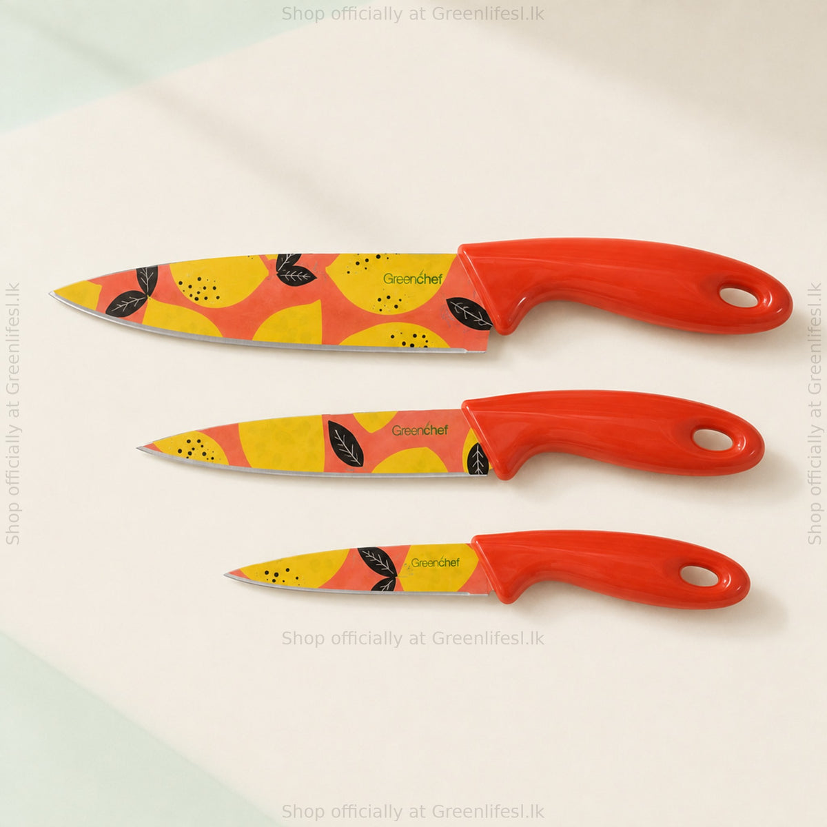 GreenChef Flora Trio 3-piece knife set laid flat: chef, utility and paring knife