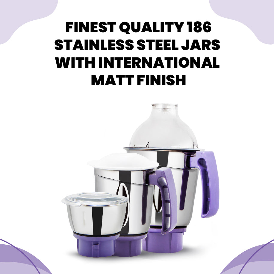 Three premium stainless steel jars of GreenChef Mercury mixer grinder - grinding, chutney, juicing jars for Sri Lankan kitchens
