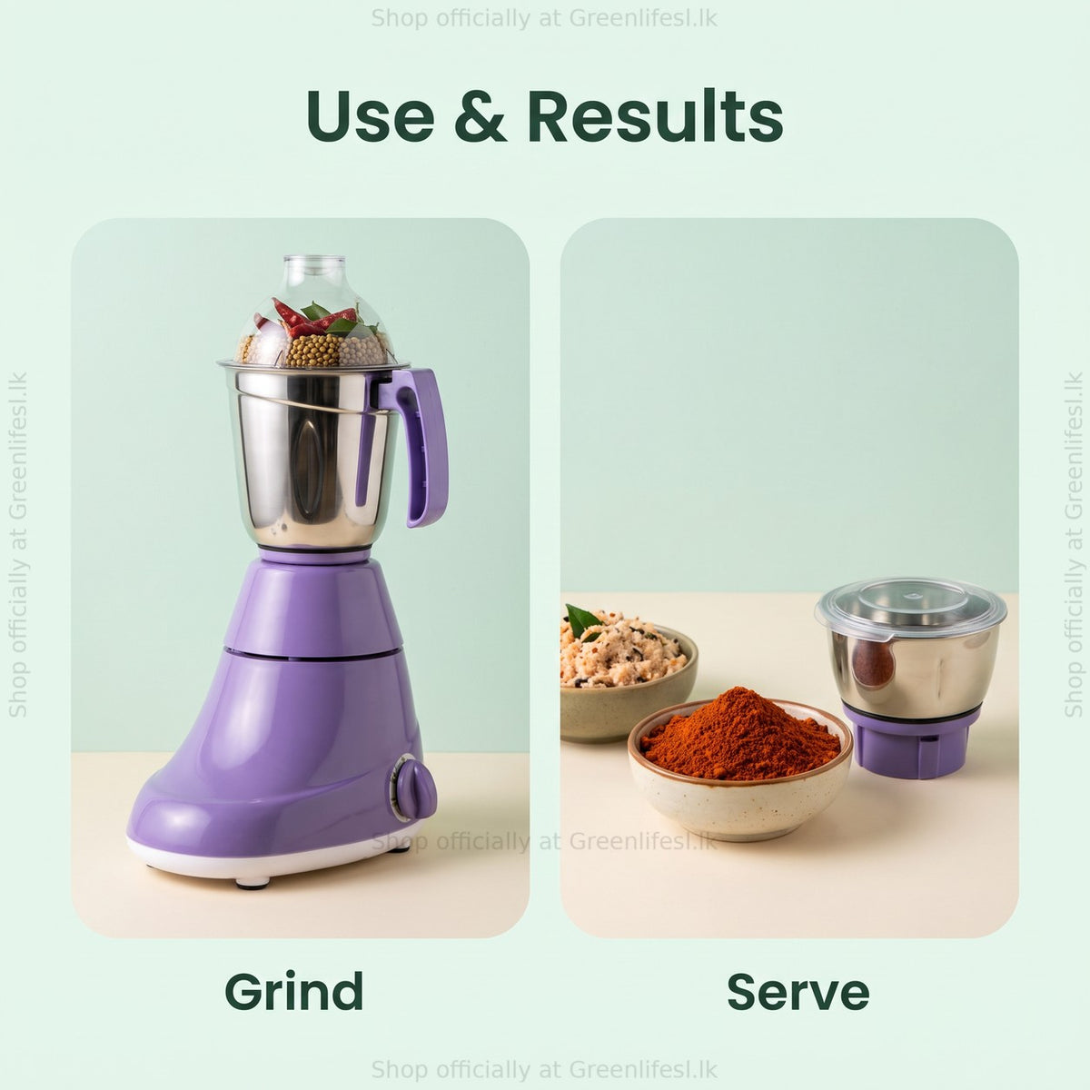 GreenChef Mercury 1HP mixer grinder grinding spices, with chilli powder and ground spices served