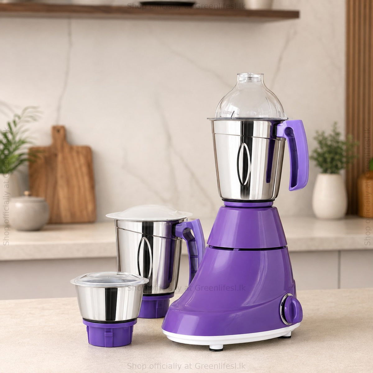 GreenChef Mercury 1HP mixer grinder with 3 jars on a home kitchen counter