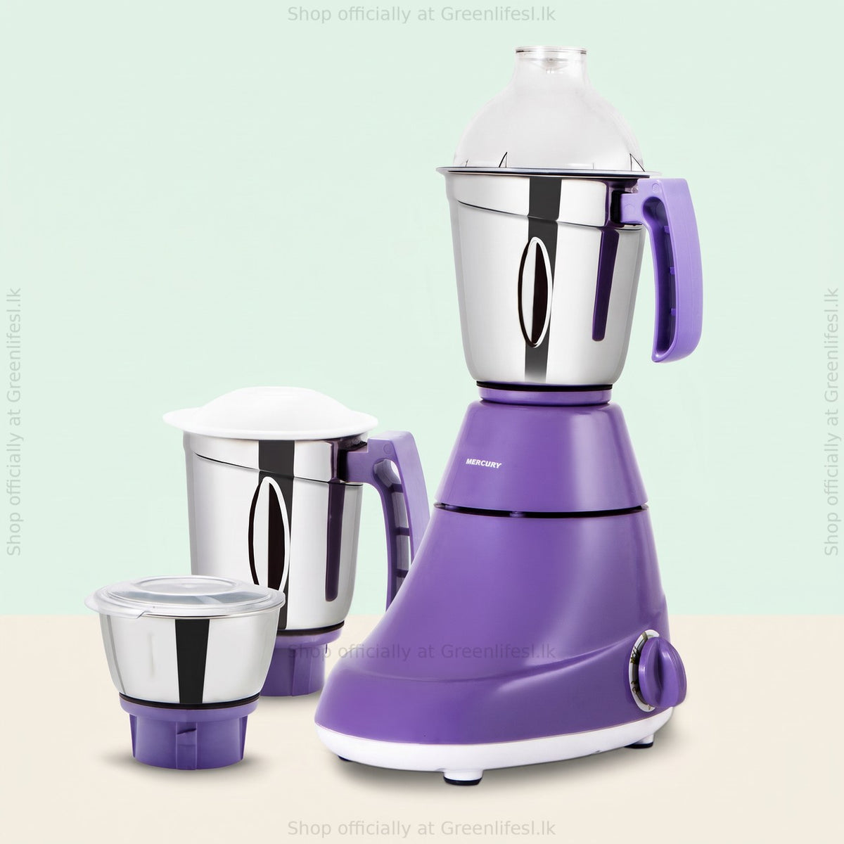 GreenChef Mercury 1HP mixer grinder with 3 jars, purple motor unit and stainless steel jars