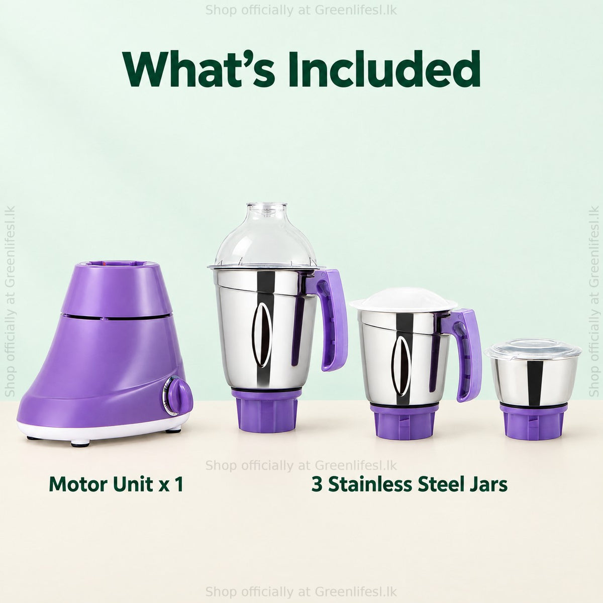 GreenChef Mercury 1HP mixer grinder, what's included: motor unit and 3 stainless steel jars