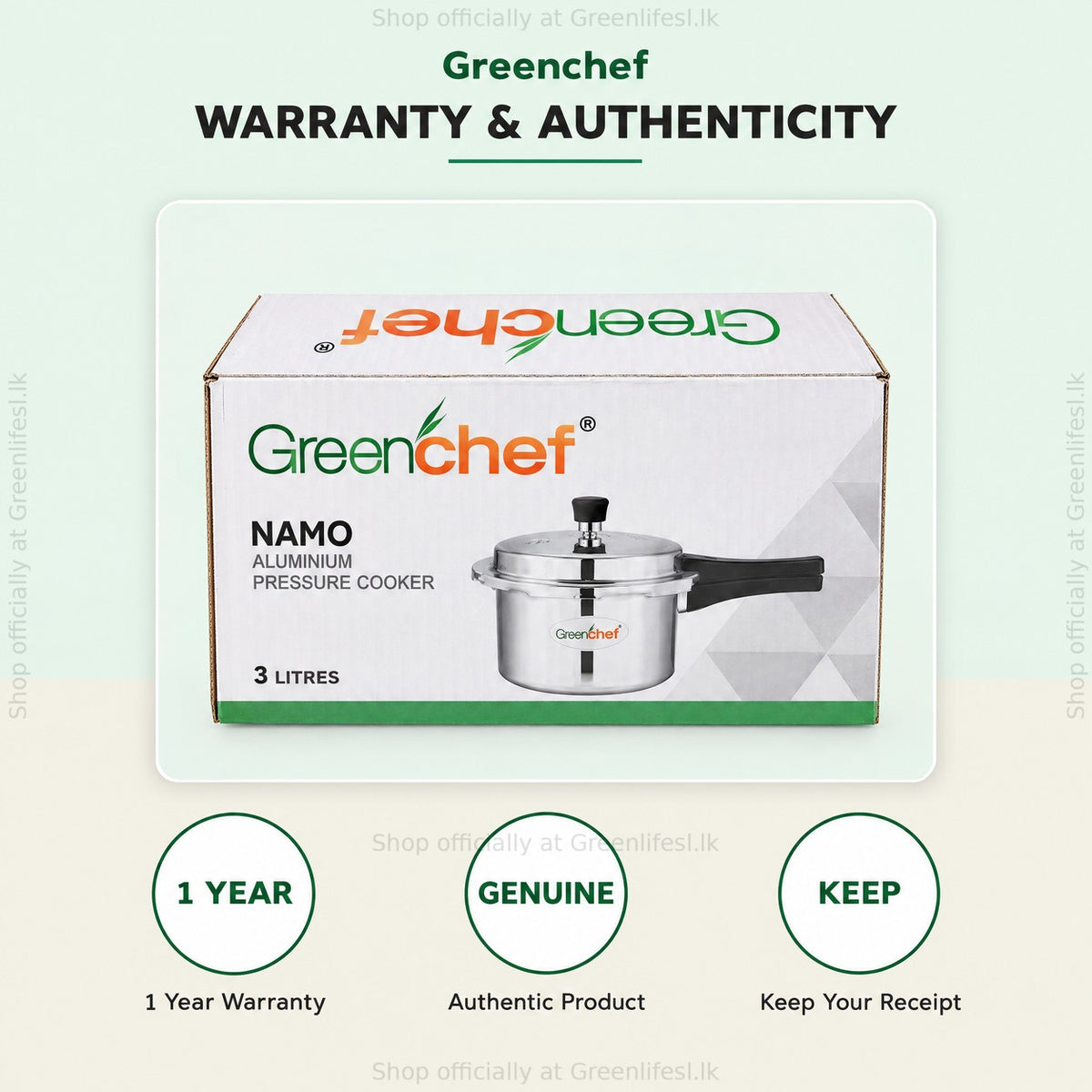 GreenChef Namo 3L pressure cooker retail box, 1 year warranty and authentic product