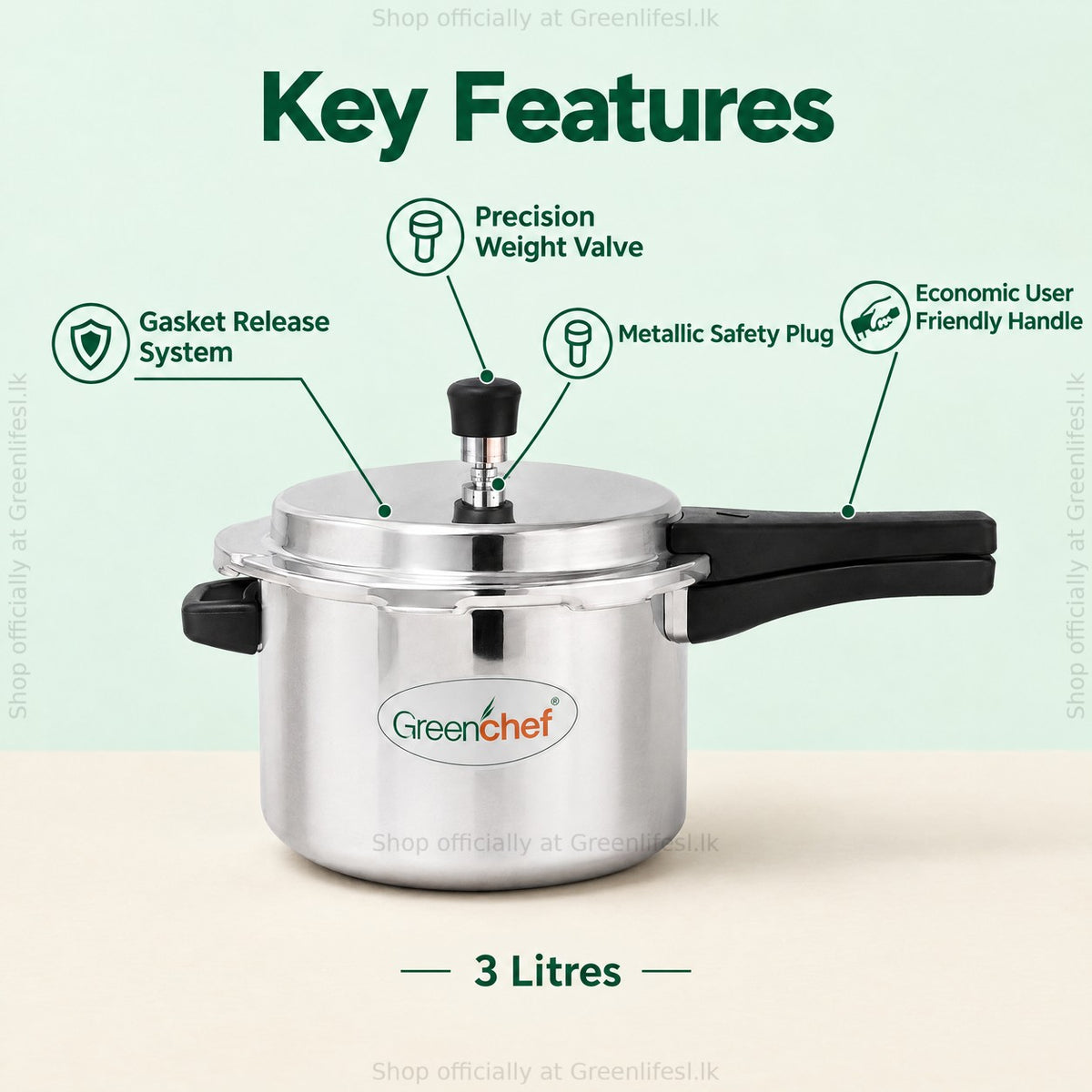 GreenChef Namo 3L pressure cooker features: precision weight valve, gasket release system, metallic safety plug