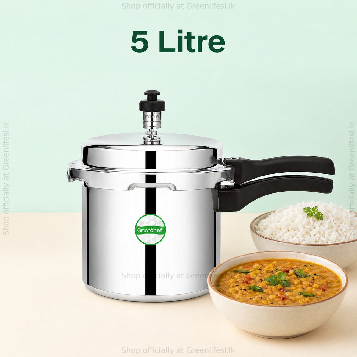 GreenChef Namo 5L pressure cooker, 5 litre capacity, beside rice and dal