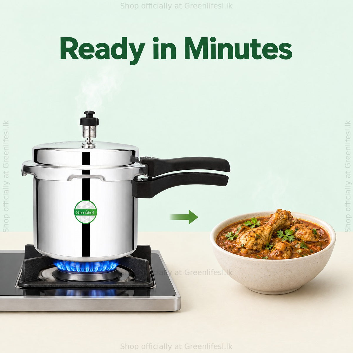 GreenChef Namo 5L pressure cooker on a gas flame, chicken curry ready in minutes