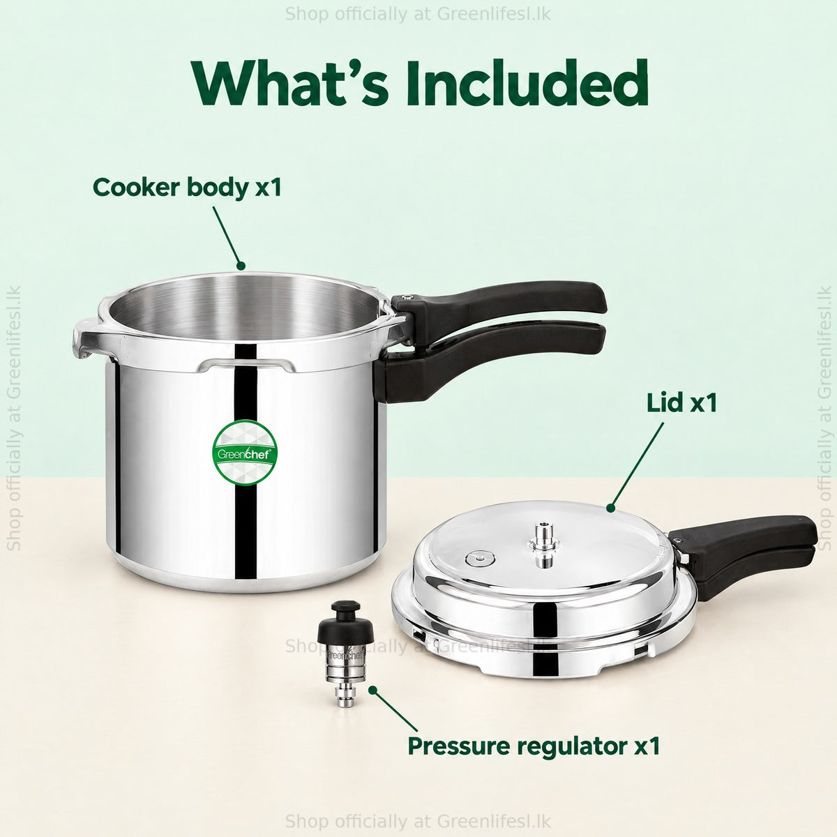 GreenChef Namo 5L pressure cooker, what's included: cooker body, lid and pressure regulator