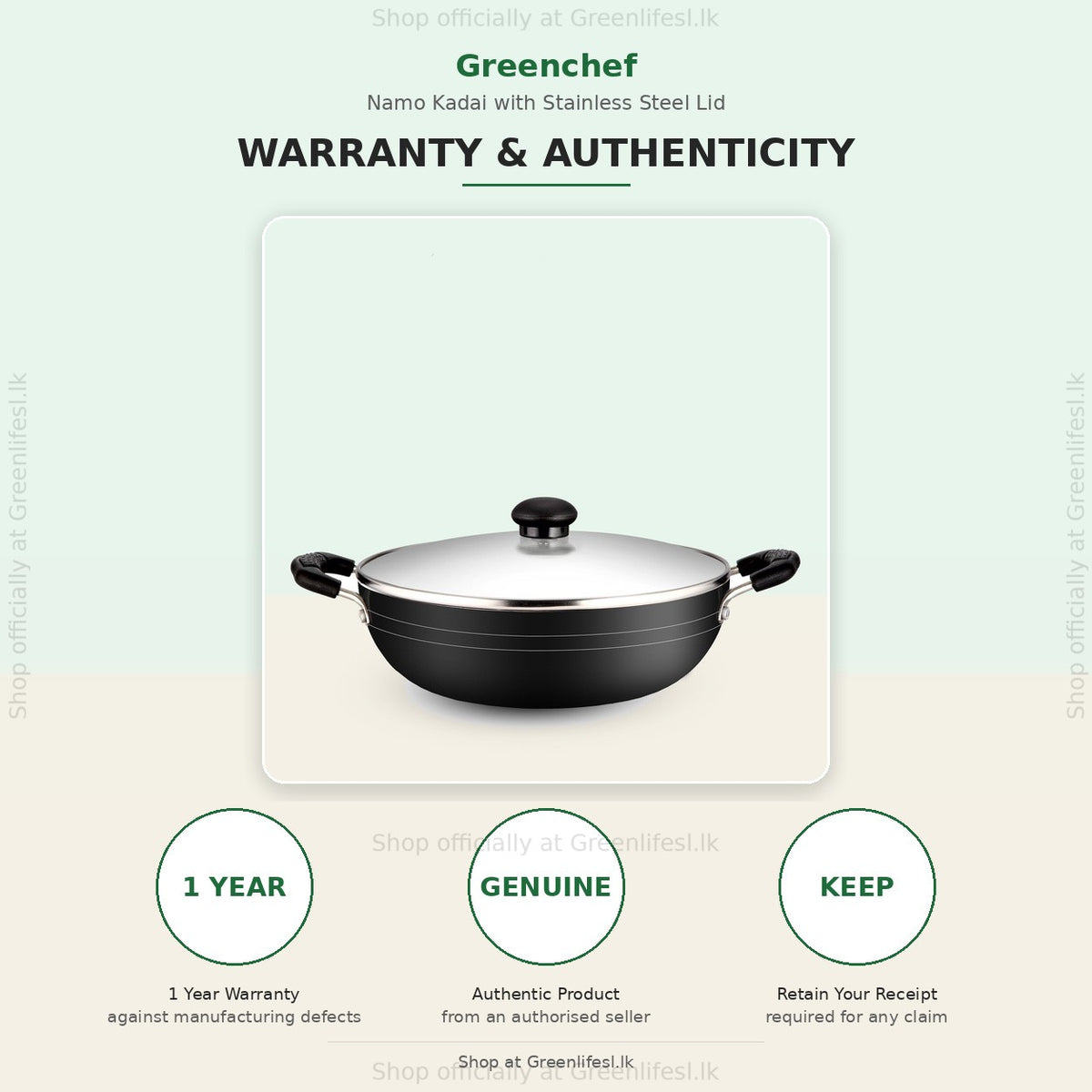 GreenChef Namo kadai 230mm with stainless steel lid warranty card: 1 year warranty, genuine product