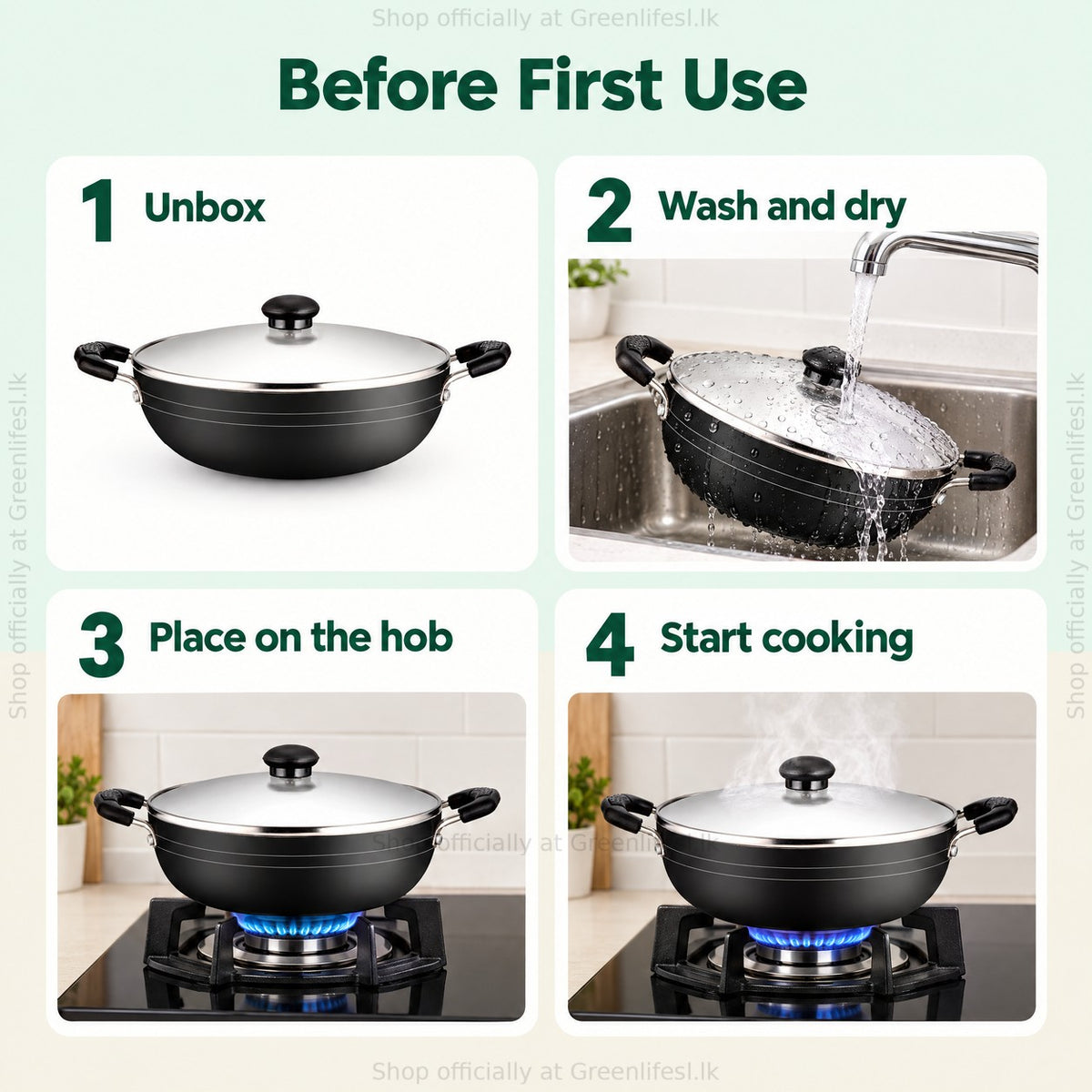 GreenChef Namo kadai 230mm before first use: unbox, wash and dry, place on the hob, start cooking