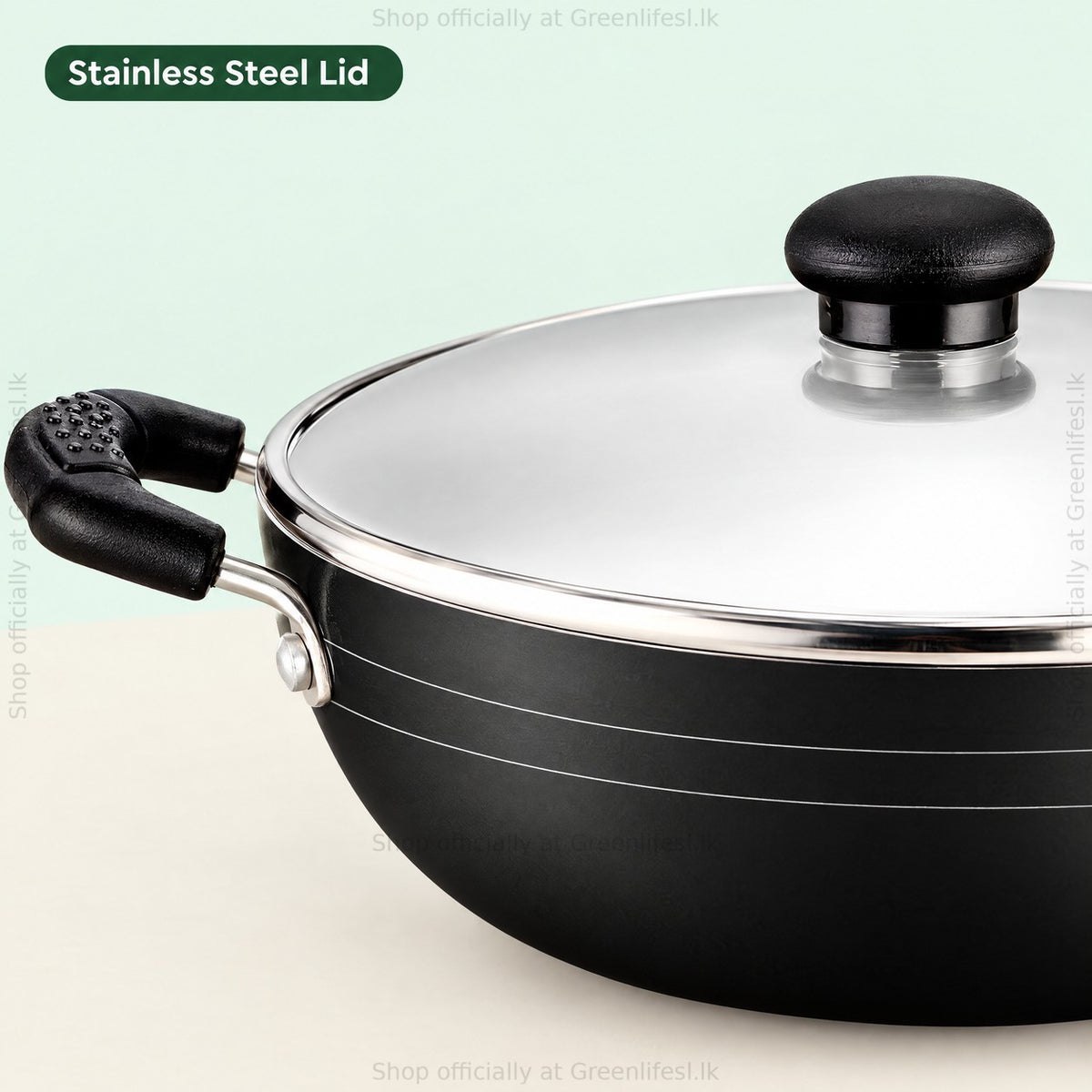 GreenChef Namo kadai 230mm stainless steel lid and knob close-up