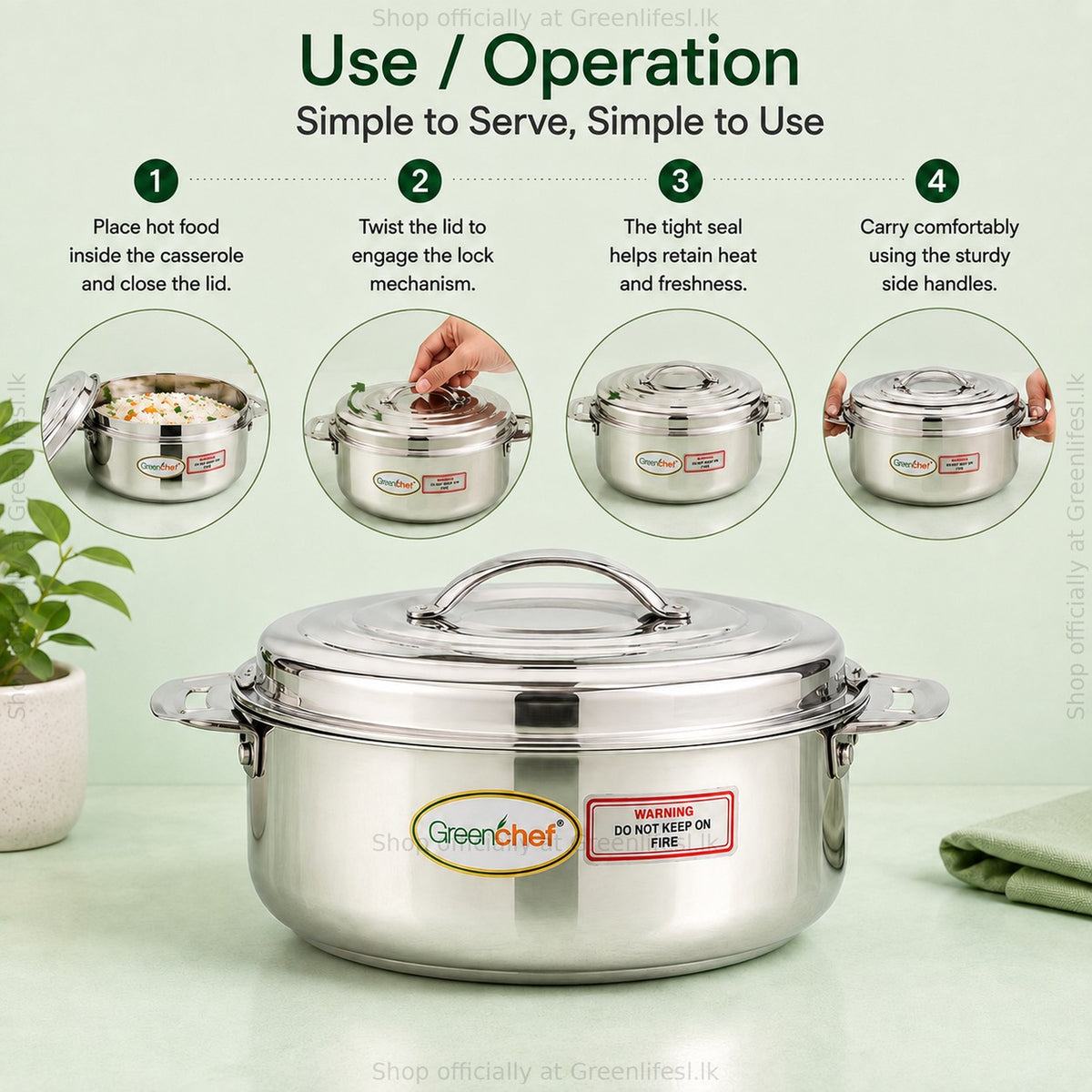 GreenChef Platina casserole use: add hot food, twist the lid to lock, seal retains heat, carry by the handles