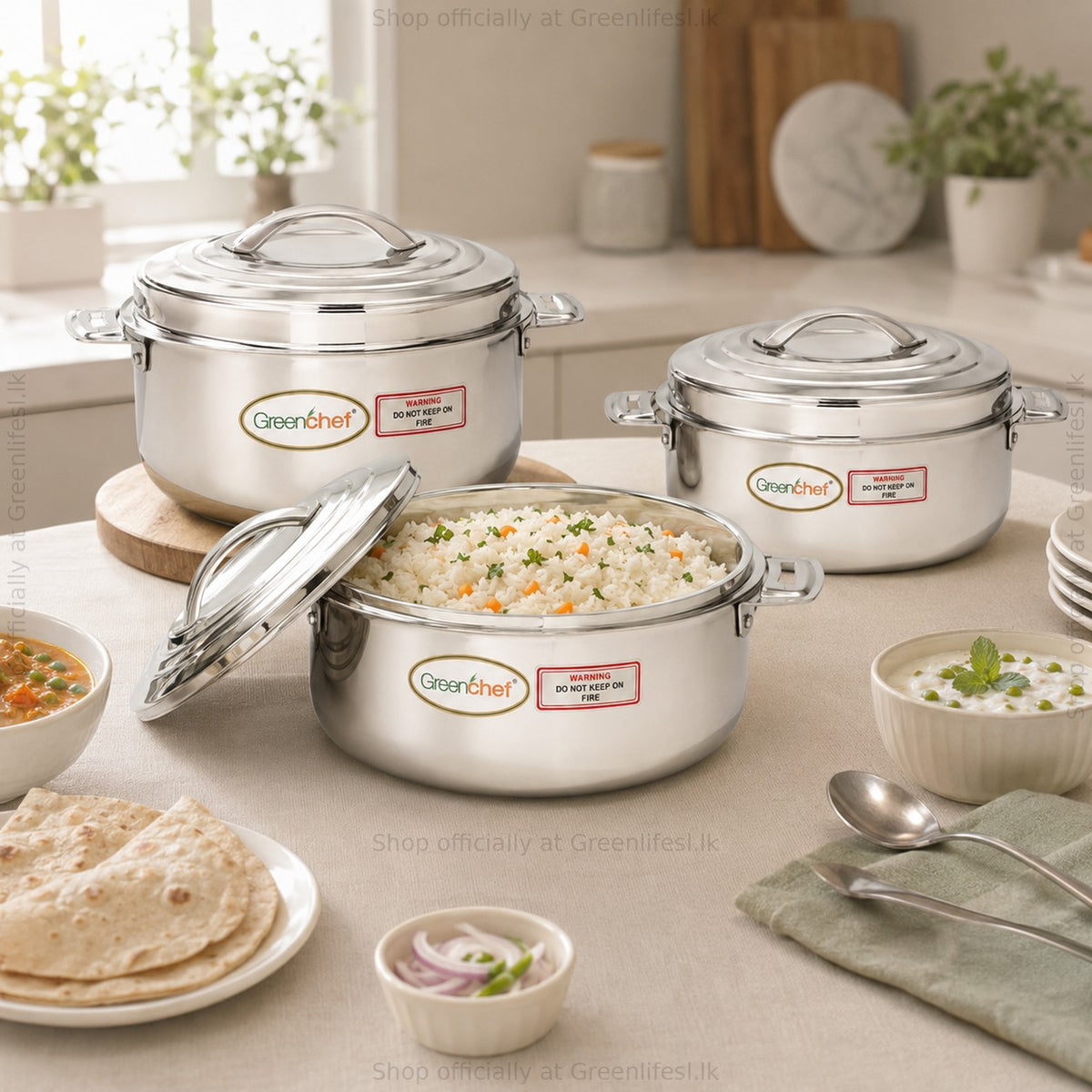 GreenChef Platina stainless steel casserole set serving vegetable rice with chapatis and curry