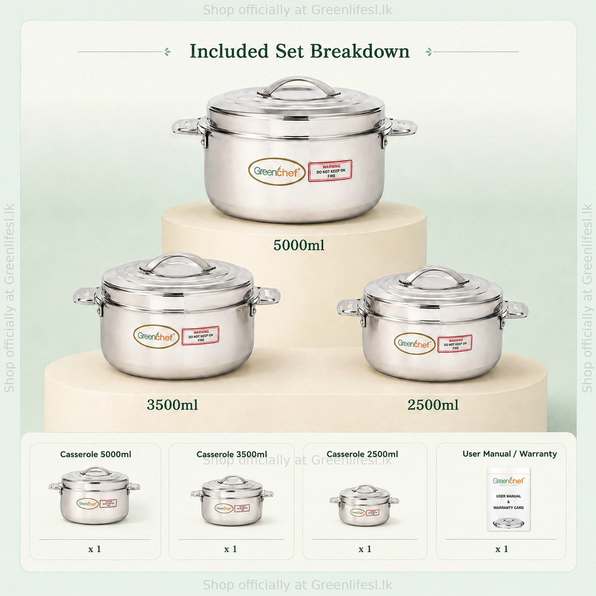 GreenChef Platina casserole set includes 5000ml, 3500ml and 2500ml casseroles plus user manual and warranty