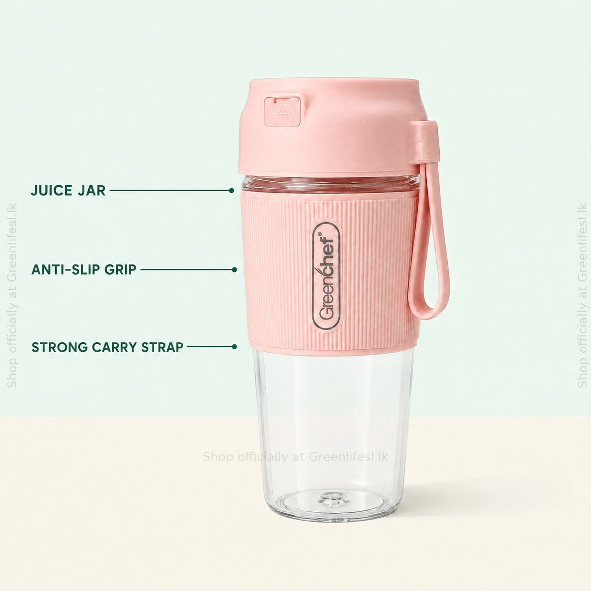 GreenChef Pulse wireless portable blender 300ml with juice jar, anti-slip grip and carry strap
