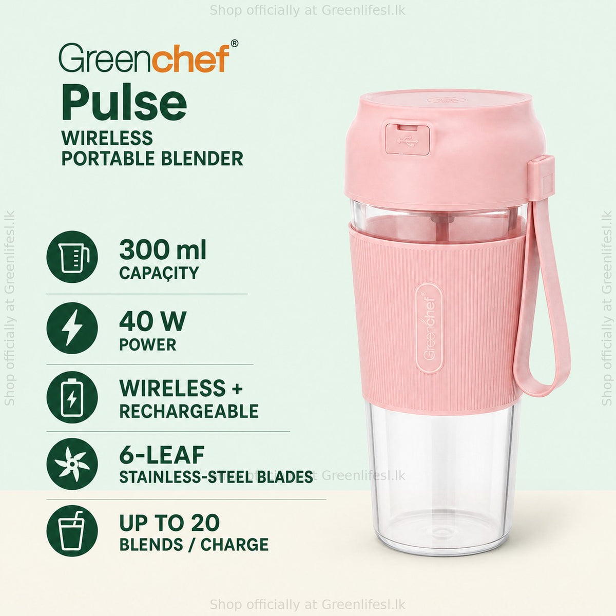 GreenChef Pulse portable blender features: 300 ml, 40 W, wireless and rechargeable, 6-leaf blades, 20 blends per charge