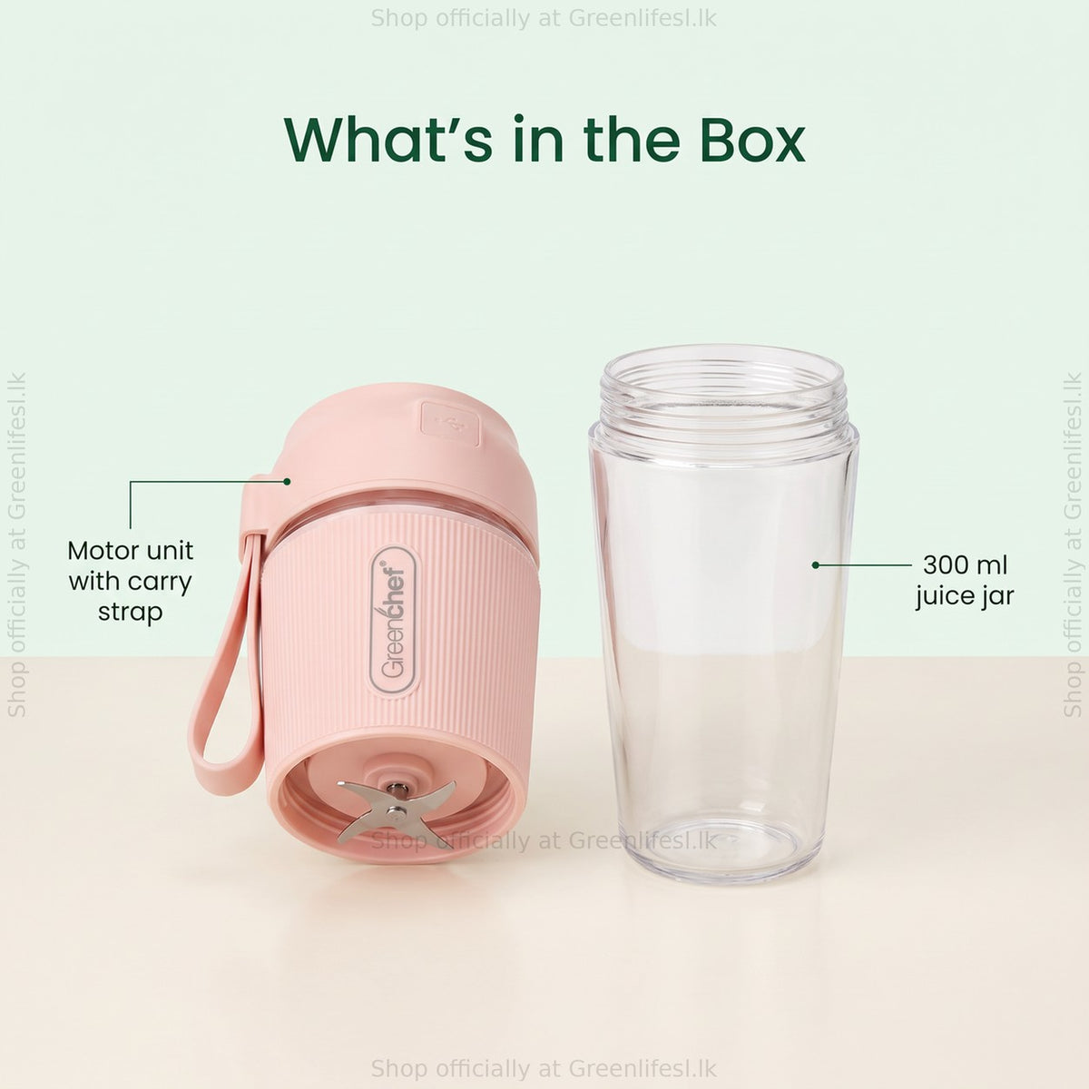 GreenChef Pulse portable blender, what's in the box: motor unit with carry strap and 300 ml juice jar
