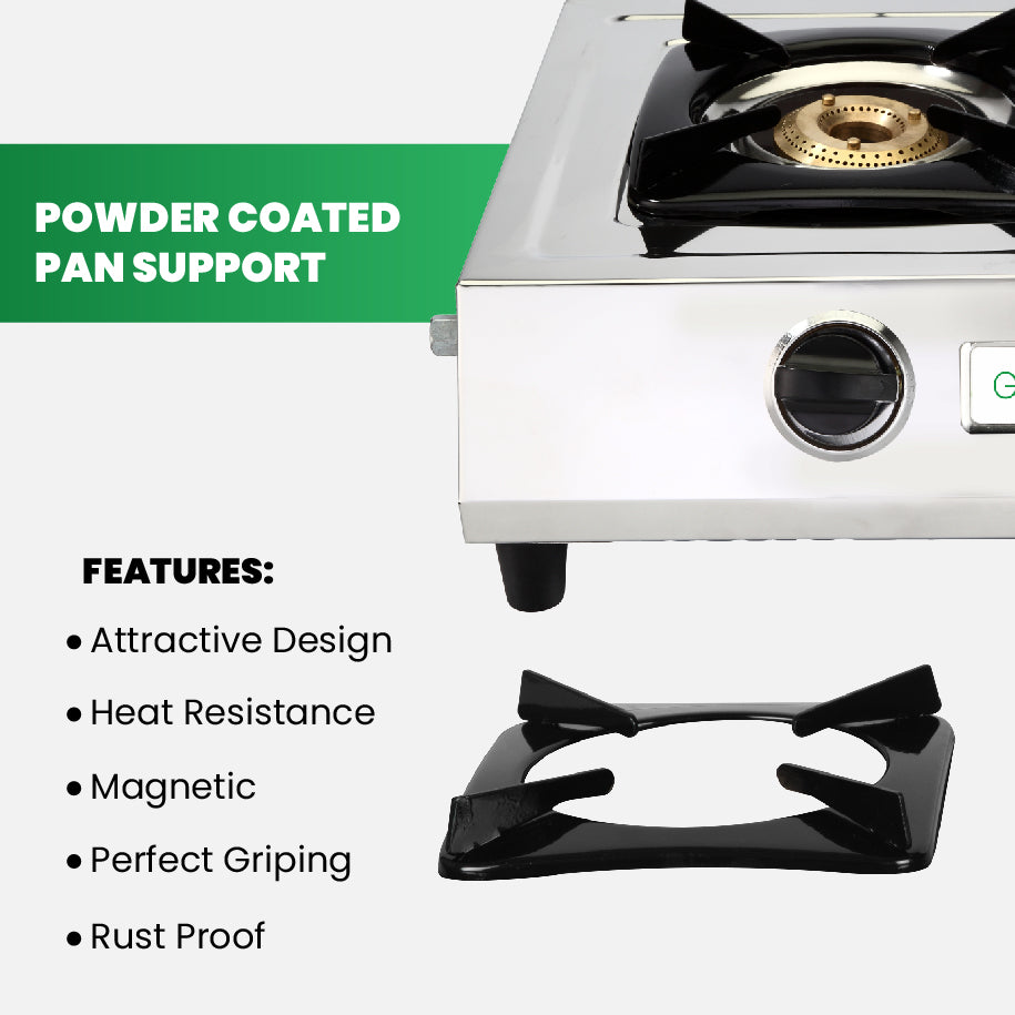 Powder coated pan support feature on GreenChef SB Fiesta LPG stove - precise flame control for Sri Lankan cooking