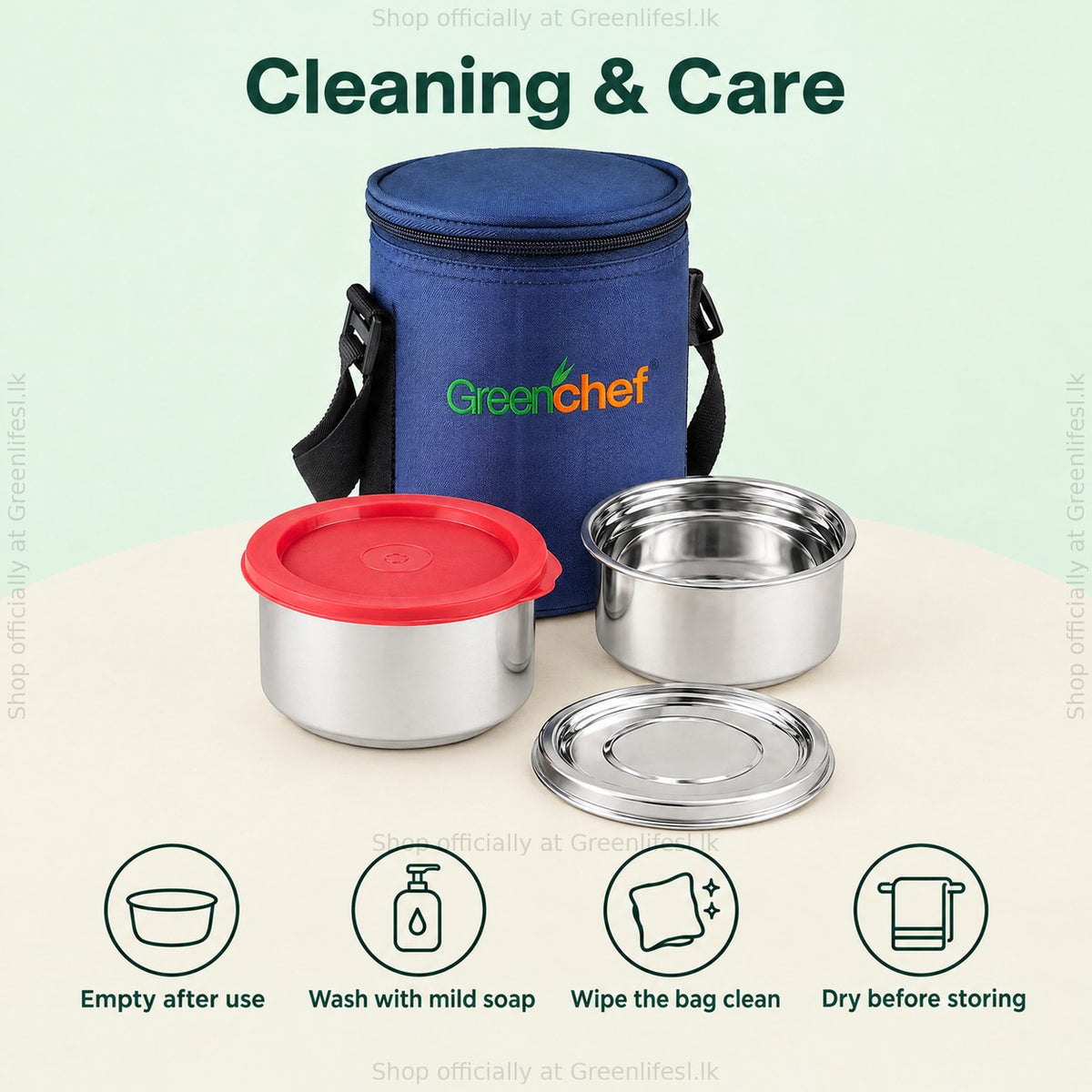 GreenChef Sizzle insulated lunch box care: empty after use, wash with mild soap, wipe the bag, dry before storing
