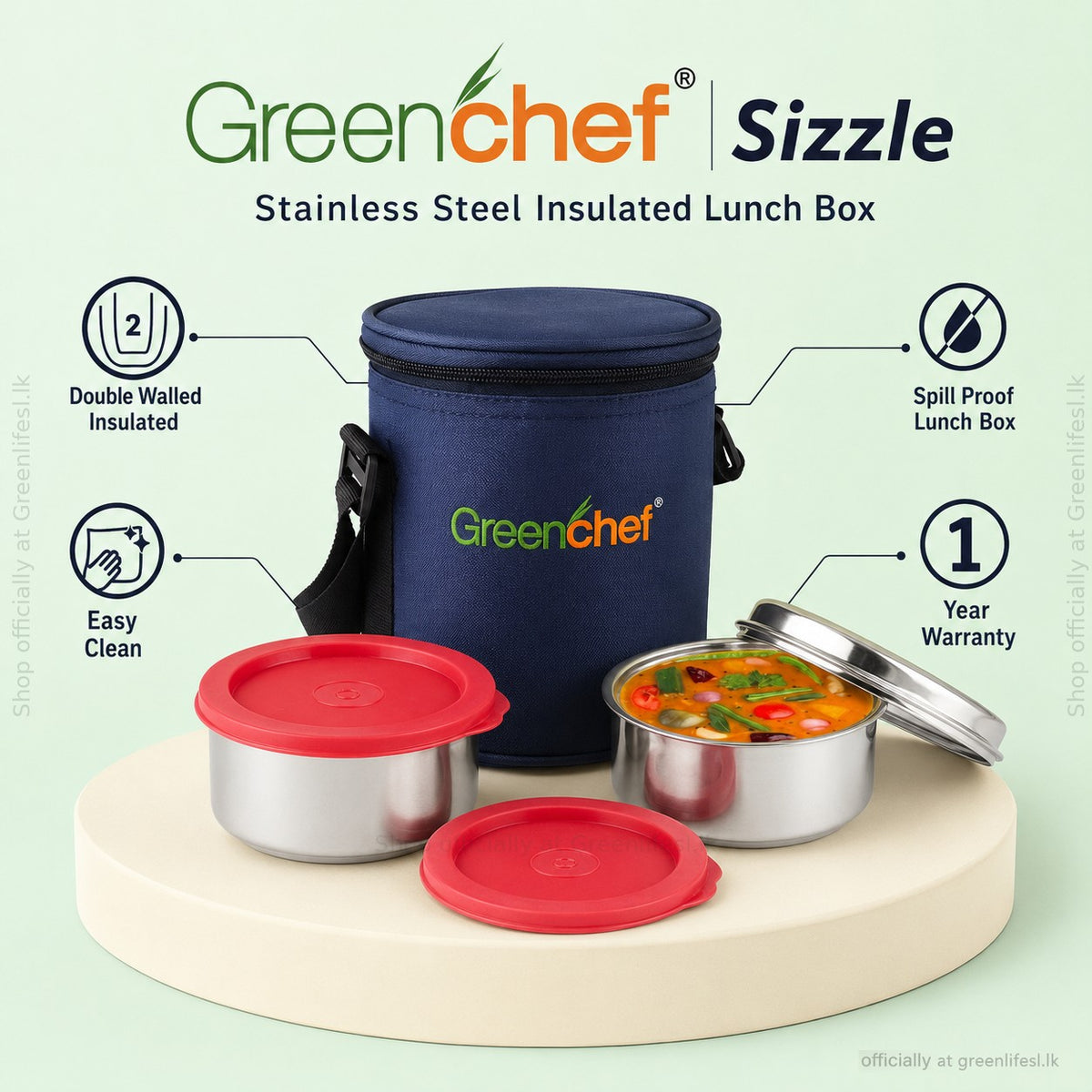 GreenChef Sizzle insulated lunch box features: double walled insulated, spill proof, easy clean, 1 year warranty