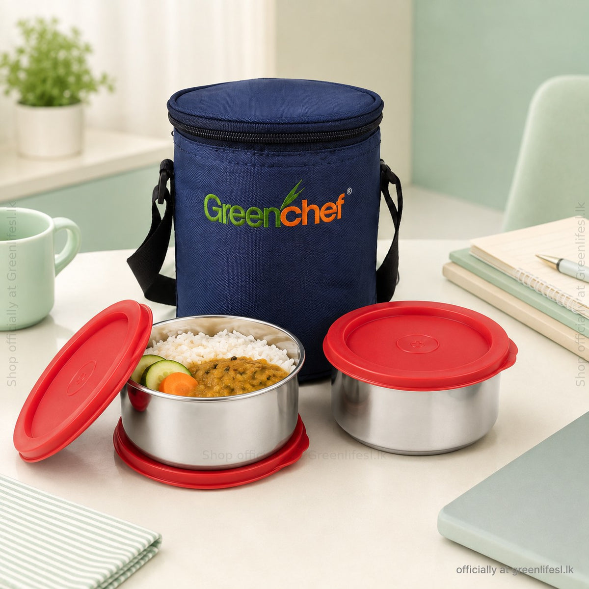 GreenChef Sizzle insulated lunch box with rice and curry in the containers on a work desk