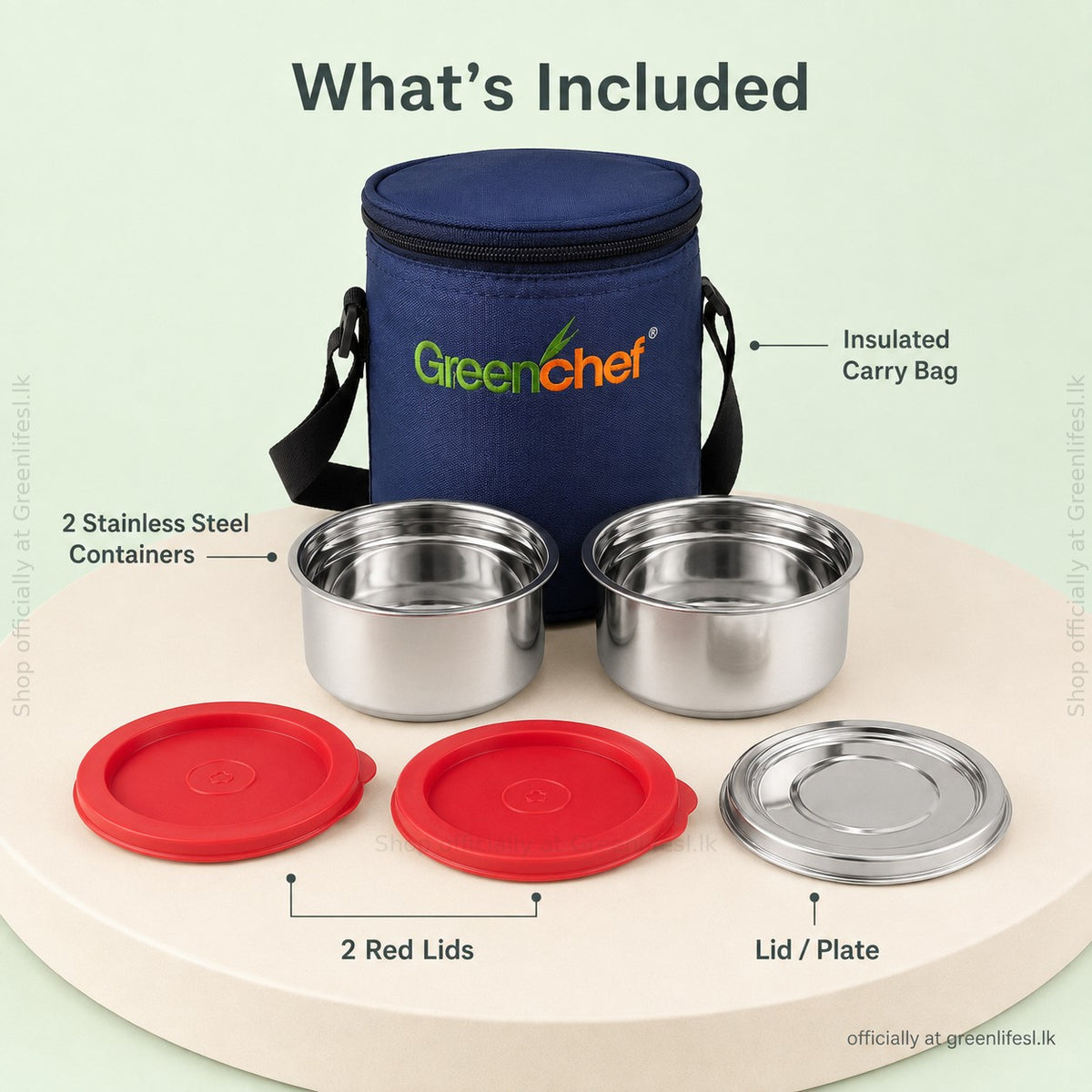 GreenChef Sizzle insulated lunch box, what's included: carry bag, 2 steel containers, 2 red lids, steel lid plate