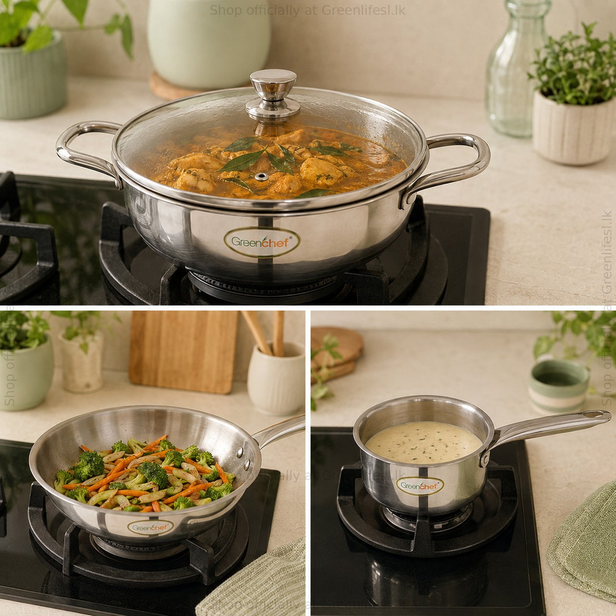 GreenChef Steel Crest tri-ply cookware cooking curry, stir-fried vegetables and sauce