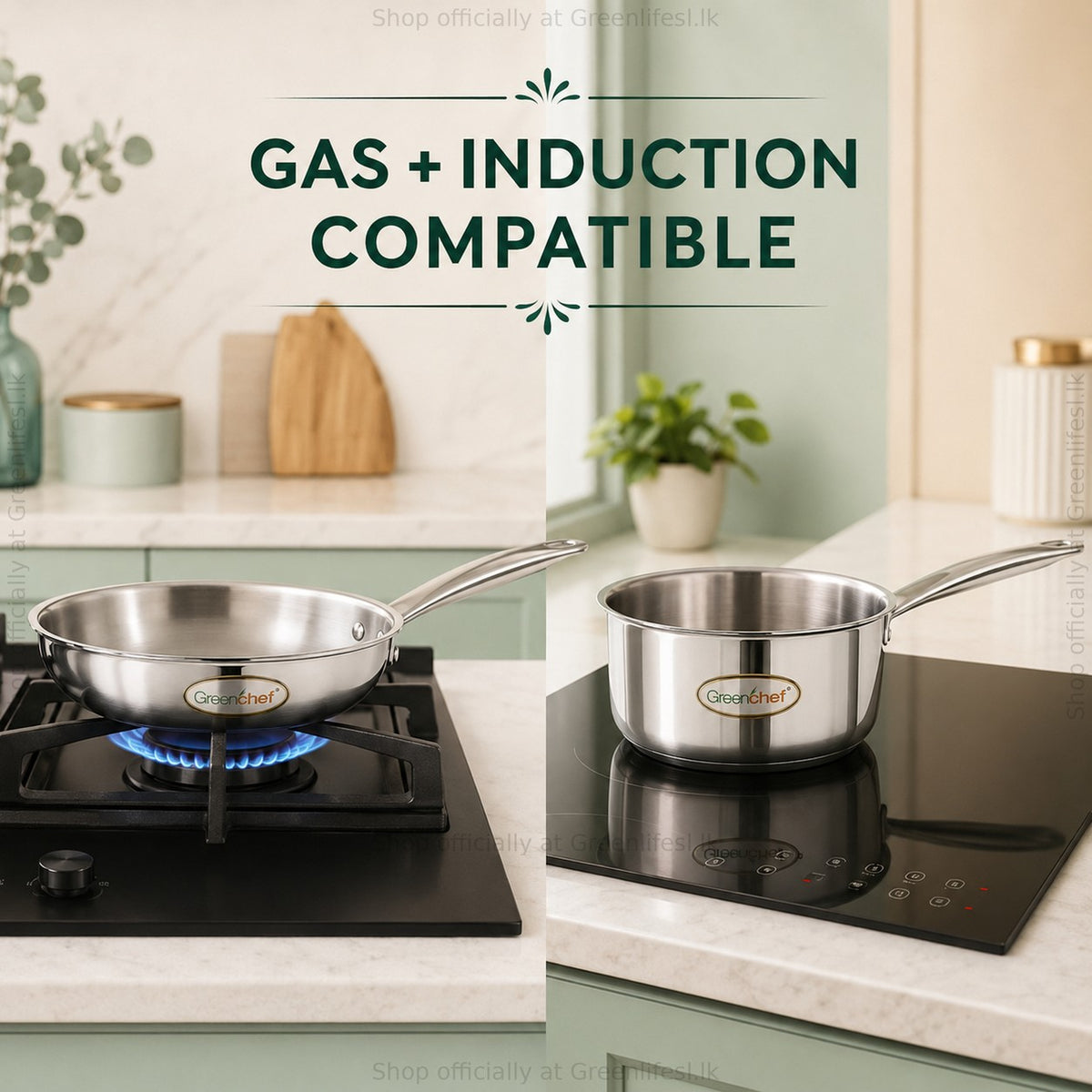 GreenChef Steel Crest tri-ply cookware is gas and induction compatible