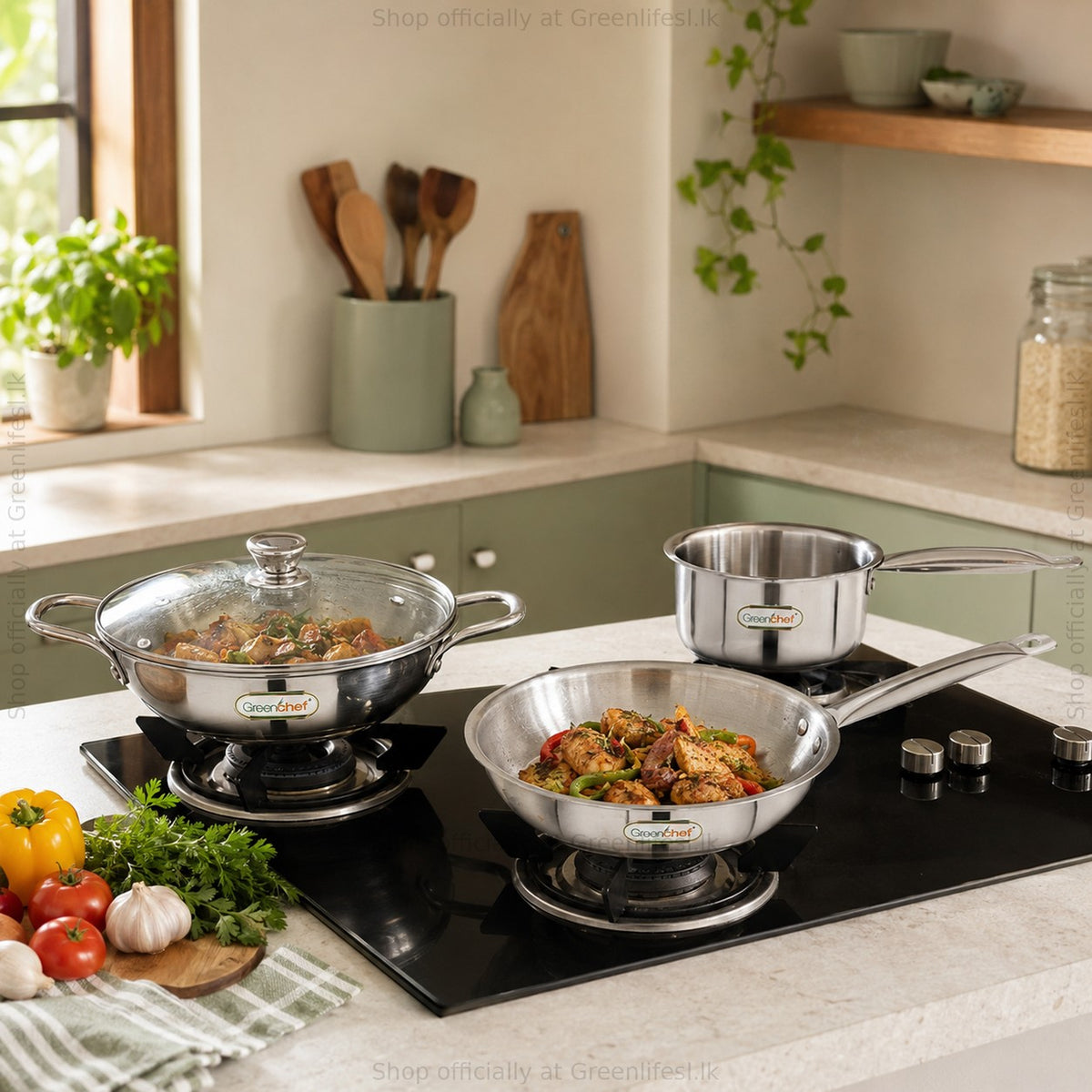 GreenChef Steel Crest tri-ply cookware cooking chicken and vegetables on a hob in a home kitchen