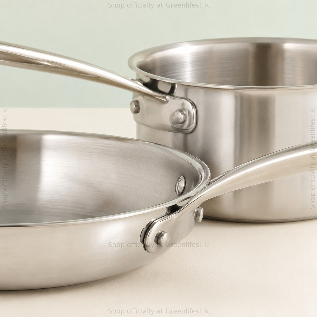 GreenChef Steel Crest tri-ply cookware close-up of riveted stainless steel handles