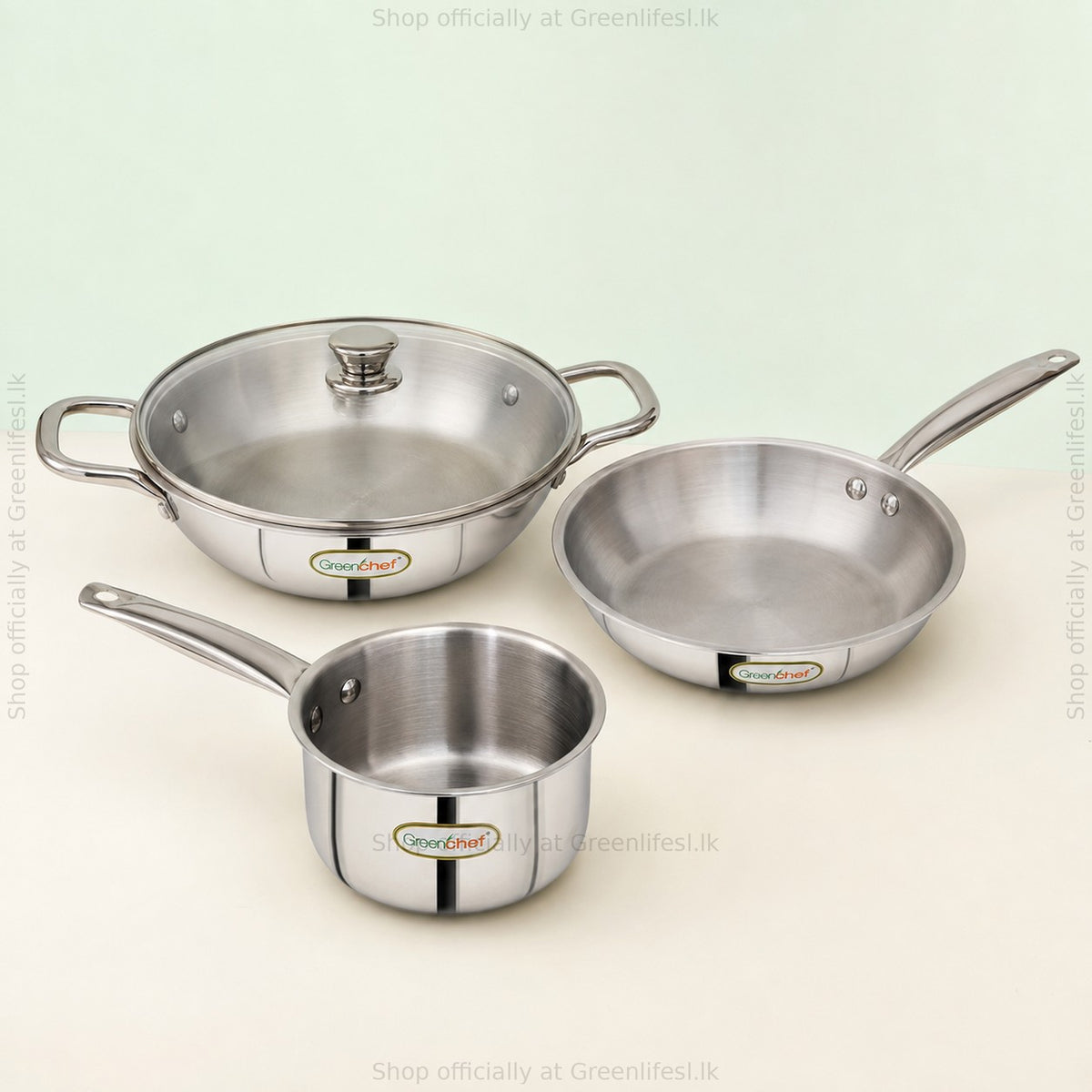 GreenChef Steel Crest tri-ply cookware set with lidded kadai, fry pan and saucepan