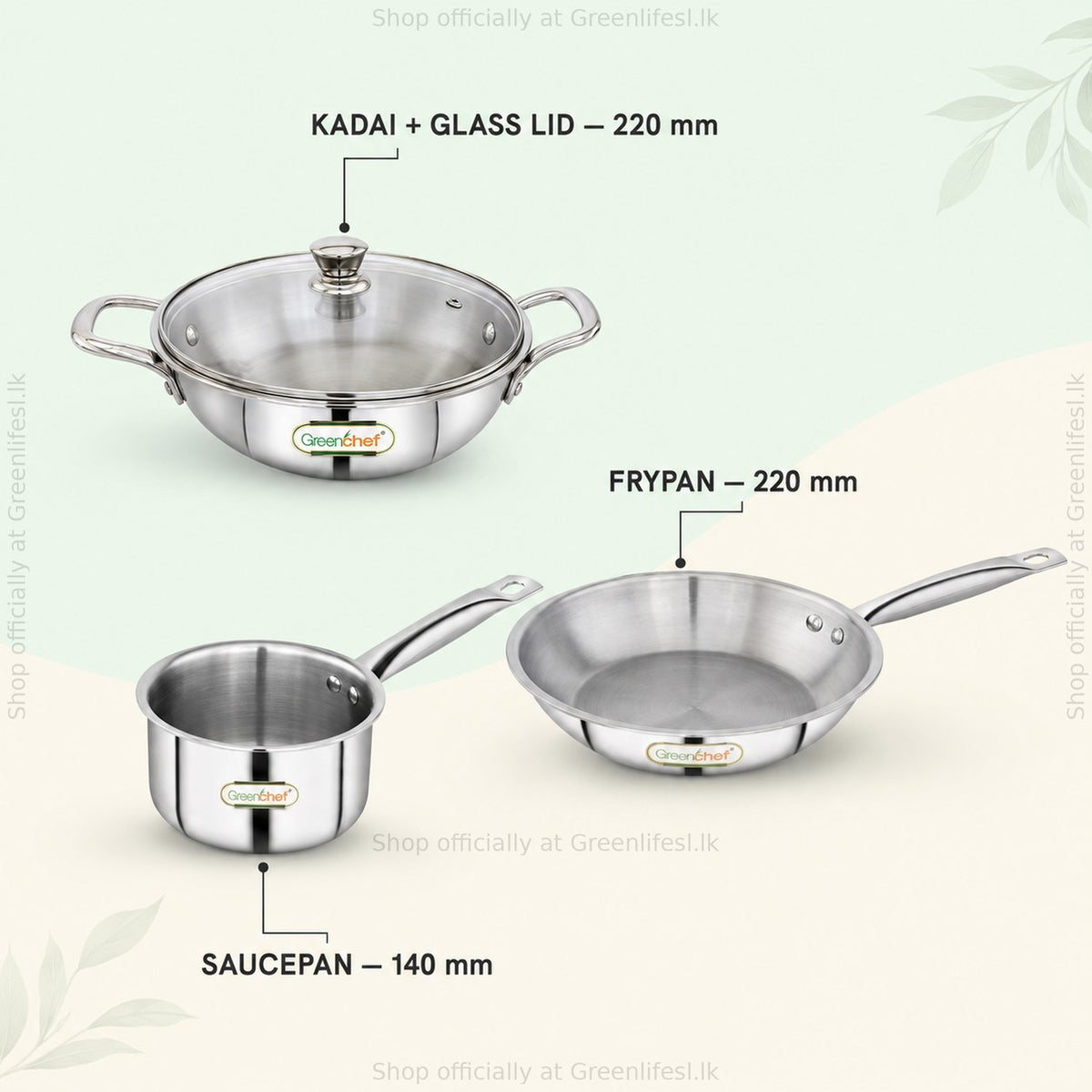 GreenChef Steel Crest tri-ply cookware sizes: kadai with glass lid 220 mm, fry pan 220 mm, saucepan 140 mm