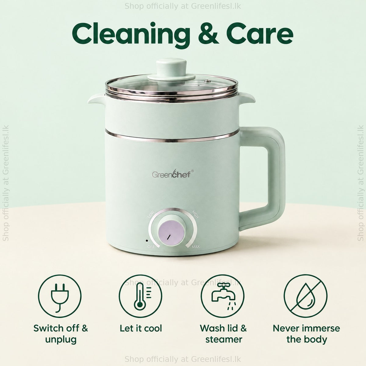 GreenChef Zylo Pro 1.5L multi kettle care: unplug, let it cool, wash lid and steamer, never immerse the body