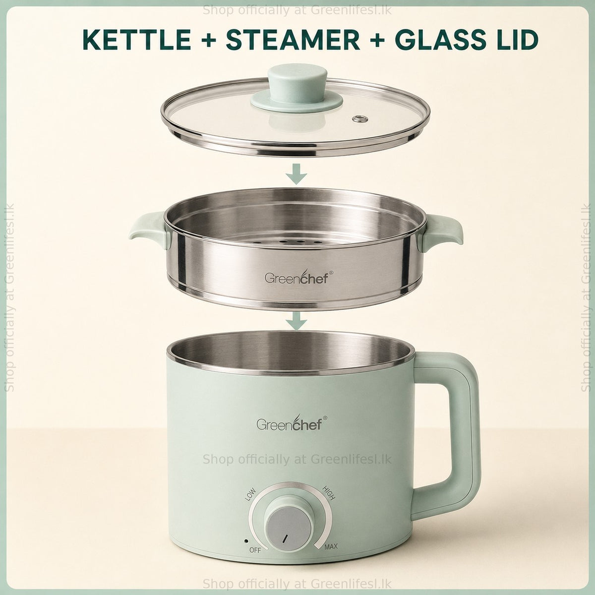 GreenChef Zylo Pro 1.5L multi kettle, kettle, steamer and glass lid stacked in an exploded view