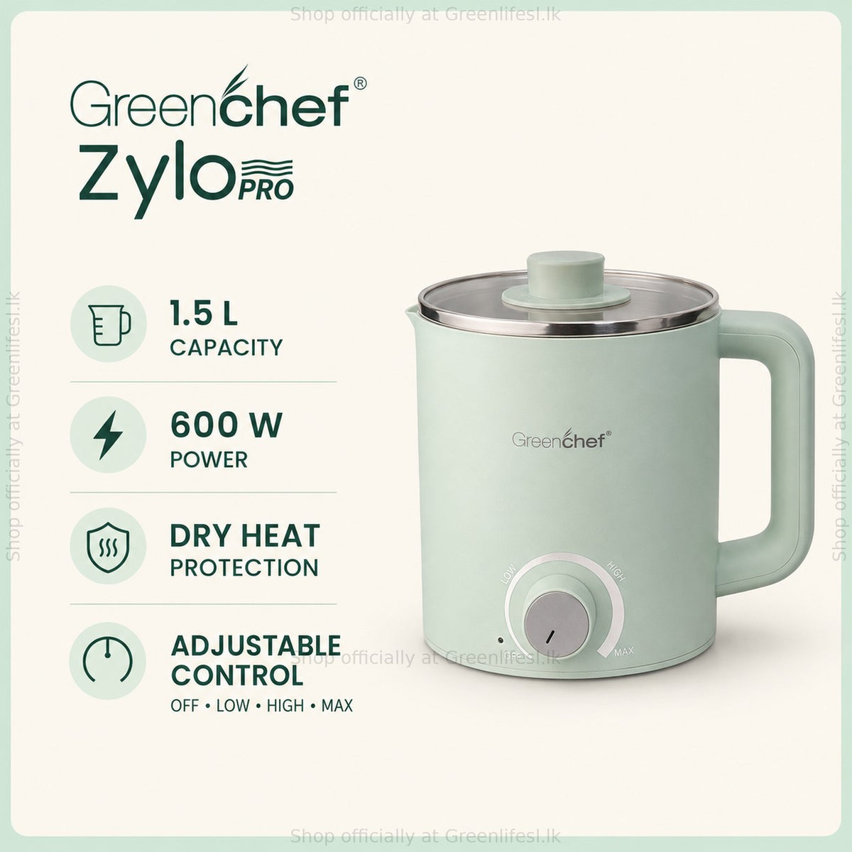 GreenChef Zylo Pro 1.5L multi kettle features: 600 W, dry heat protection, adjustable control