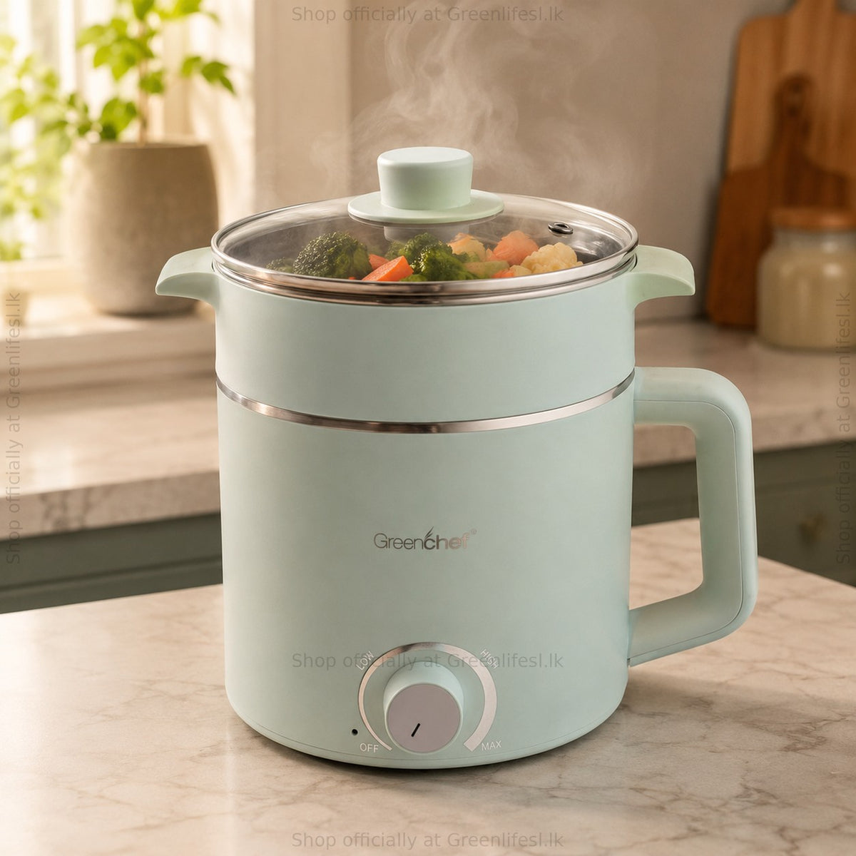 GreenChef Zylo Pro 1.5L multi kettle steaming vegetables on a kitchen counter