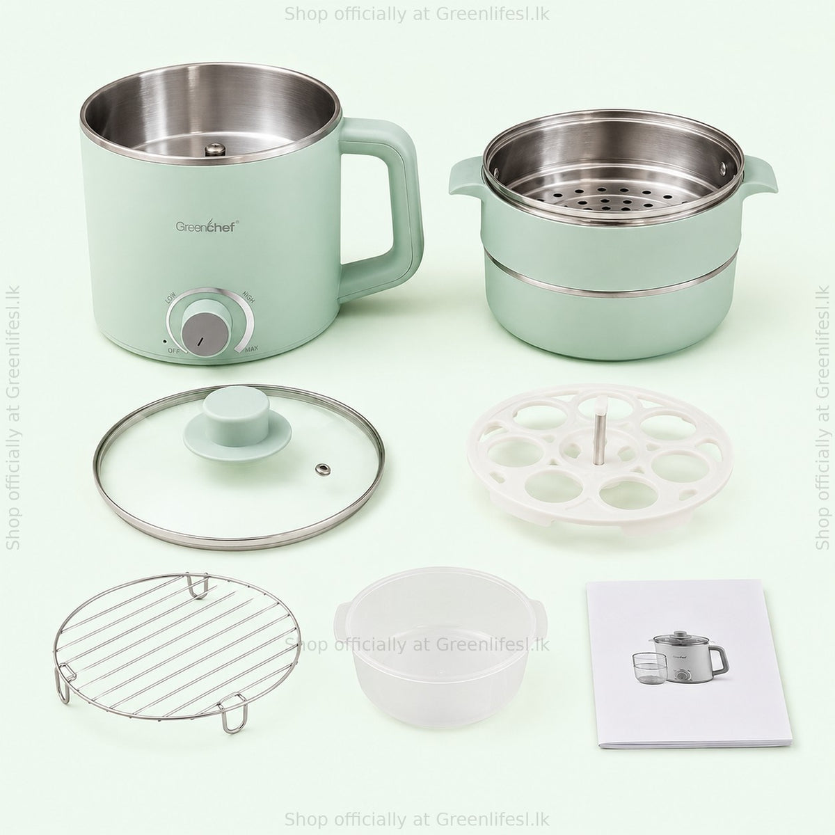 GreenChef Zylo Pro 1.5L multi kettle parts: body, steamer, glass lid, egg rack, wire rack, bowl and manual