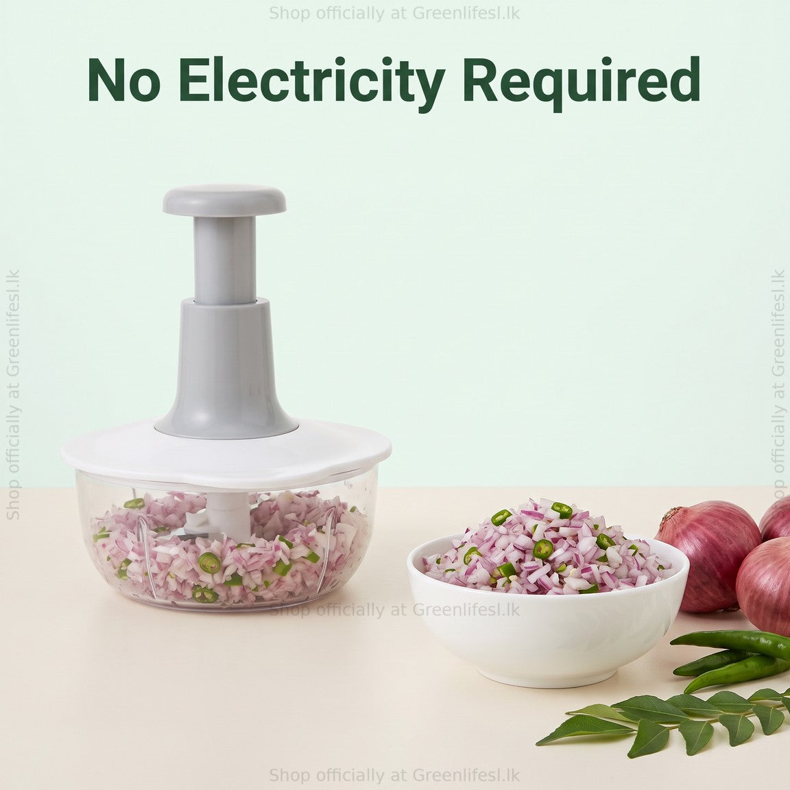 Greenlife 1.5L manual food chopper, no electricity required, with finely chopped onions