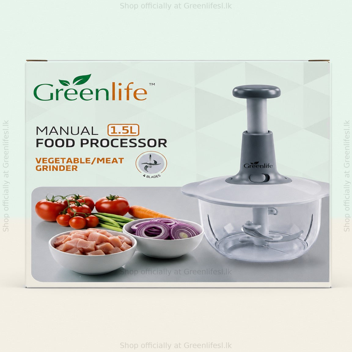 Greenlife 1.5L manual food chopper retail box front, vegetable and meat grinder