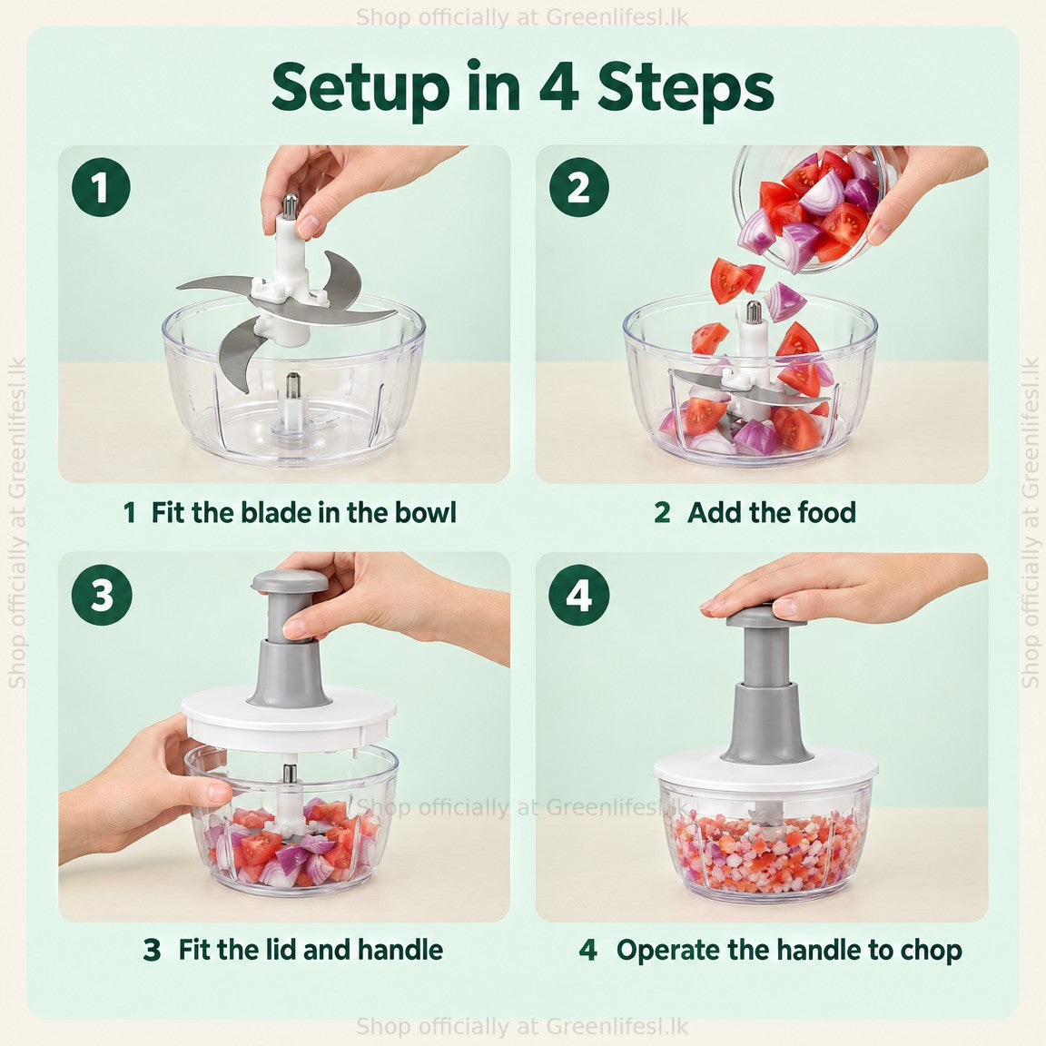 Greenlife 1.5L manual food chopper setup: fit blade, add food, fit lid and handle, operate the handle