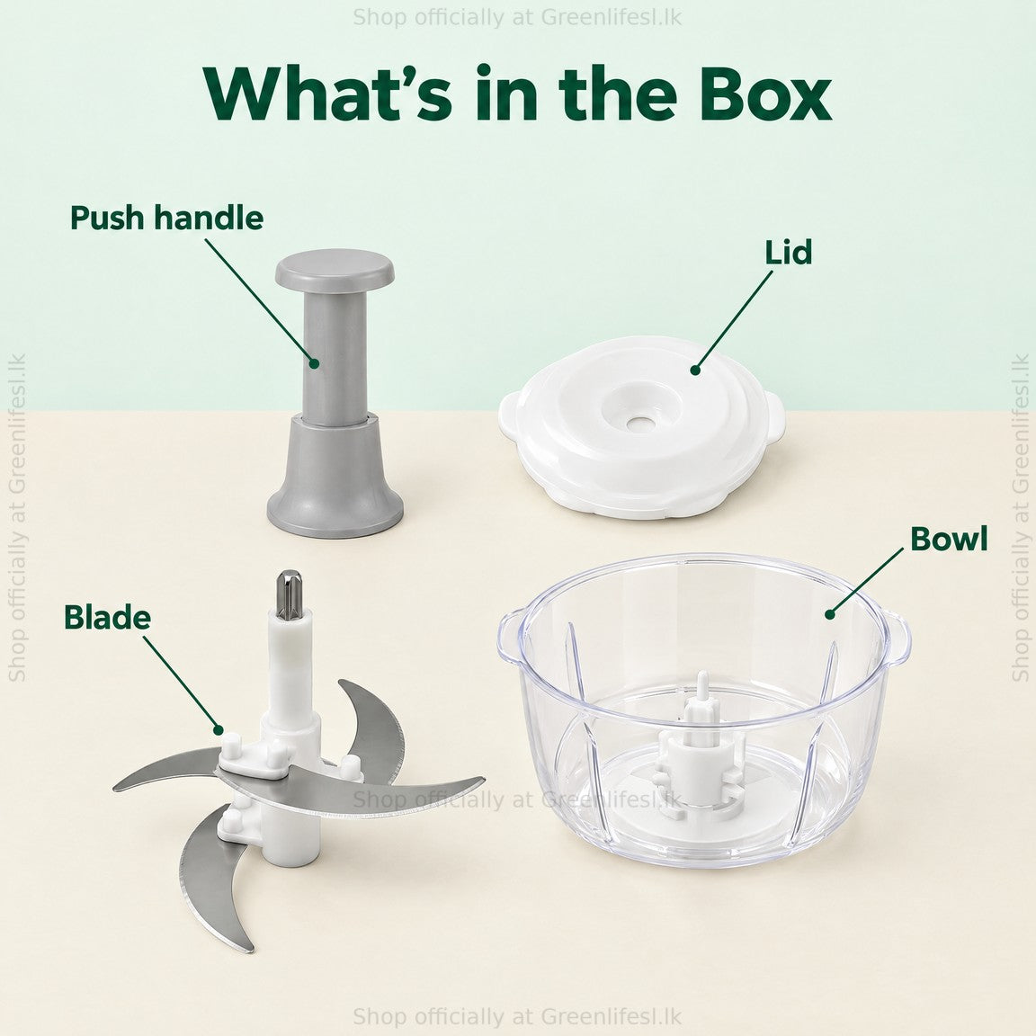 Greenlife 1.5L manual food chopper, what's in the box: push handle, lid, blade and bowl