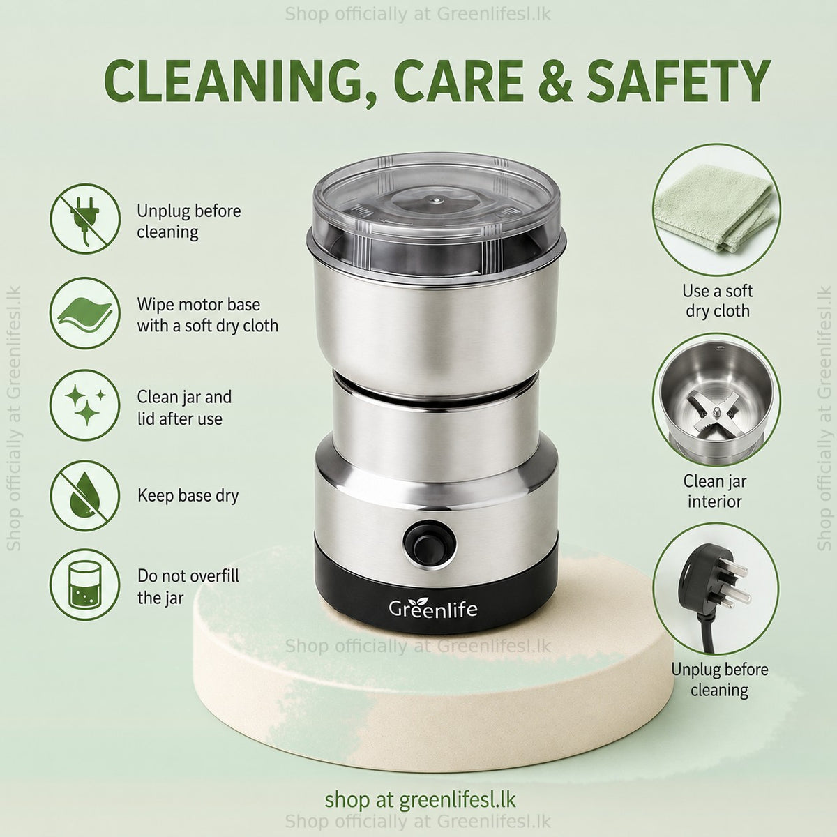 Greenlife 2-in-1 coffee grinder and juice blender 300W care: unplug, wipe the base dry, clean the jar, do not overfill